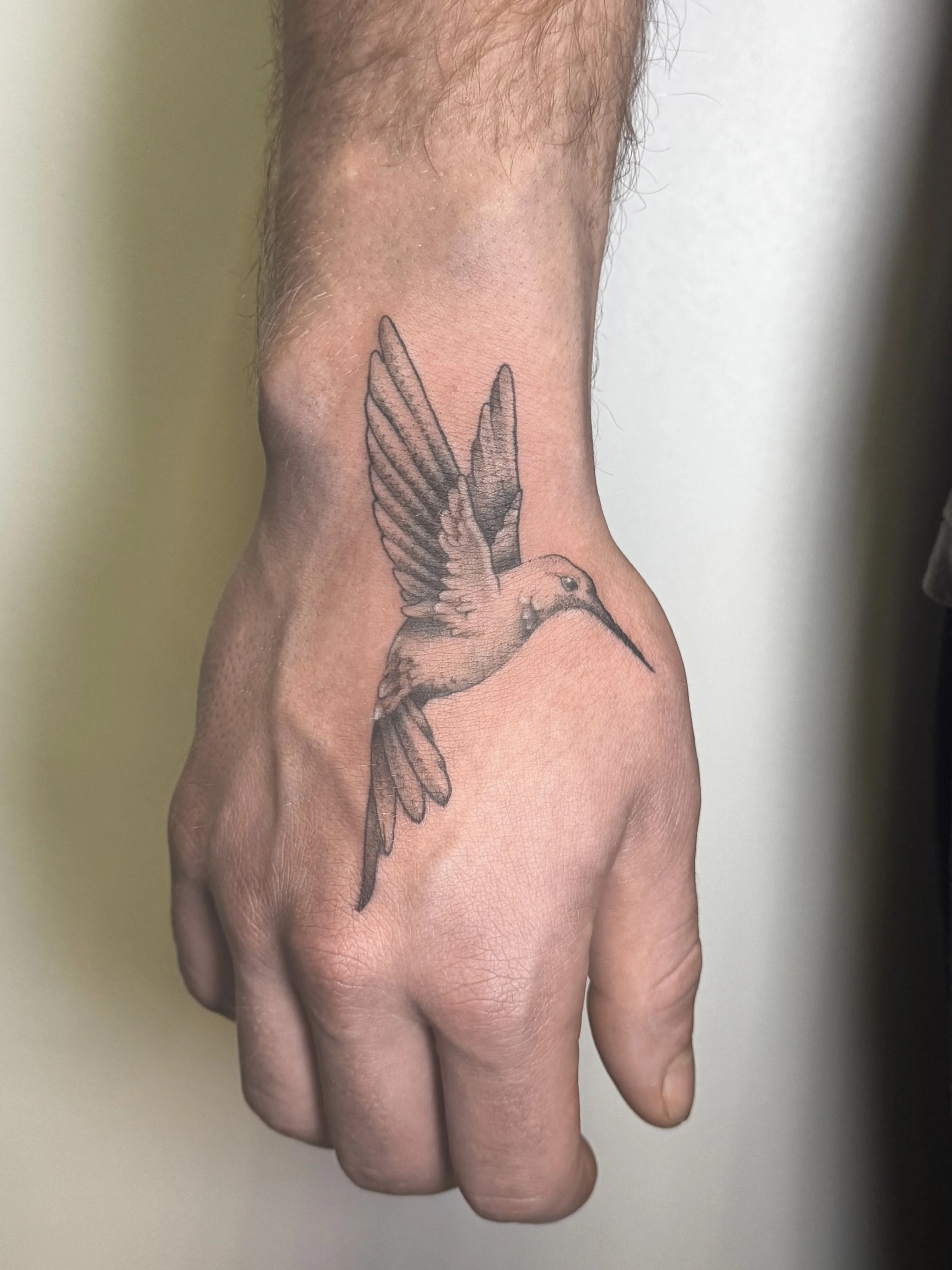 A tattoo of a bird with outstretched wings on the side of a person's neck.