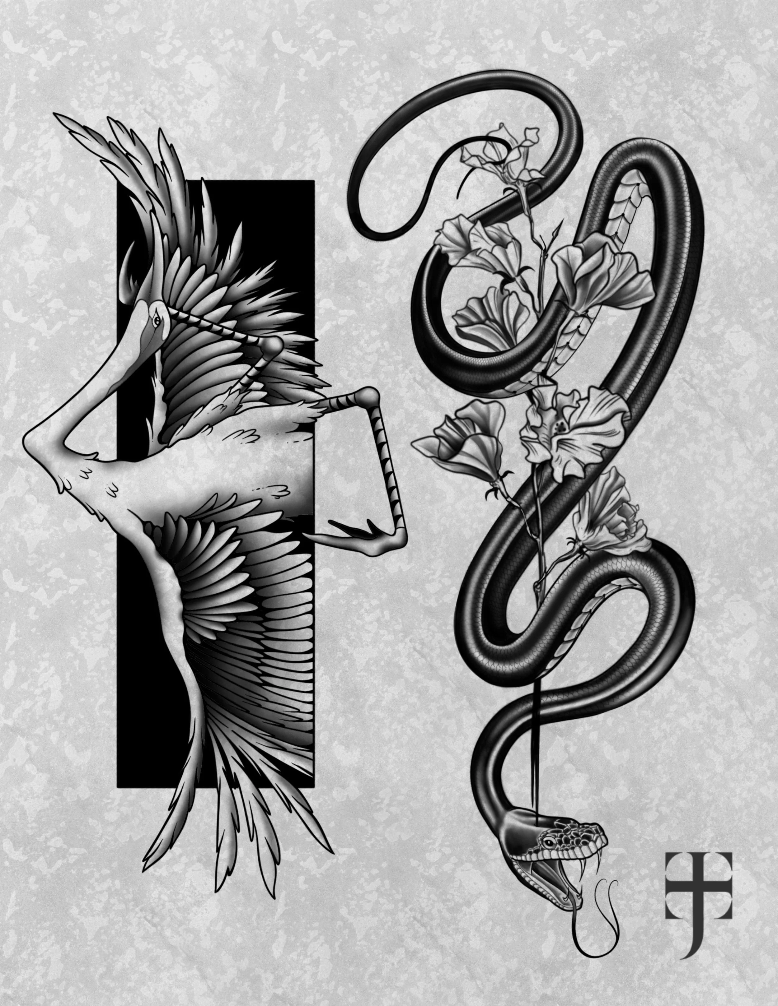 Black and white illustration of a bird with elaborate feathers and a snake with flowers intertwined, combined in a surreal composition.