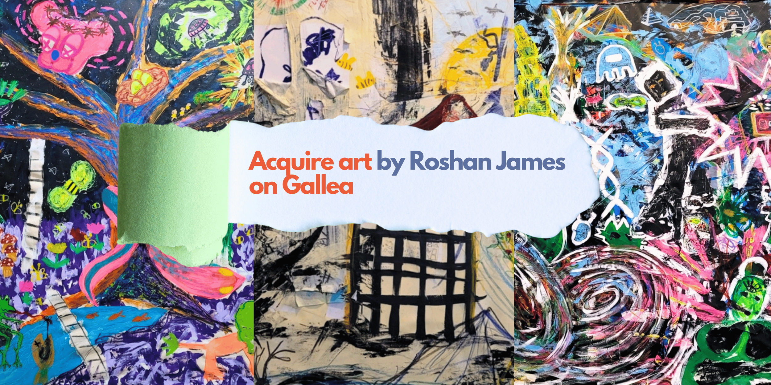 banner background has a tiled array of three of Roshan James' large-scale mixed media artworks, with a text overlay that says 'Acquire art by Roshan James on Gallea'. Clicking on the image takes you to https://gallea.ca/en/artists/roshan-james