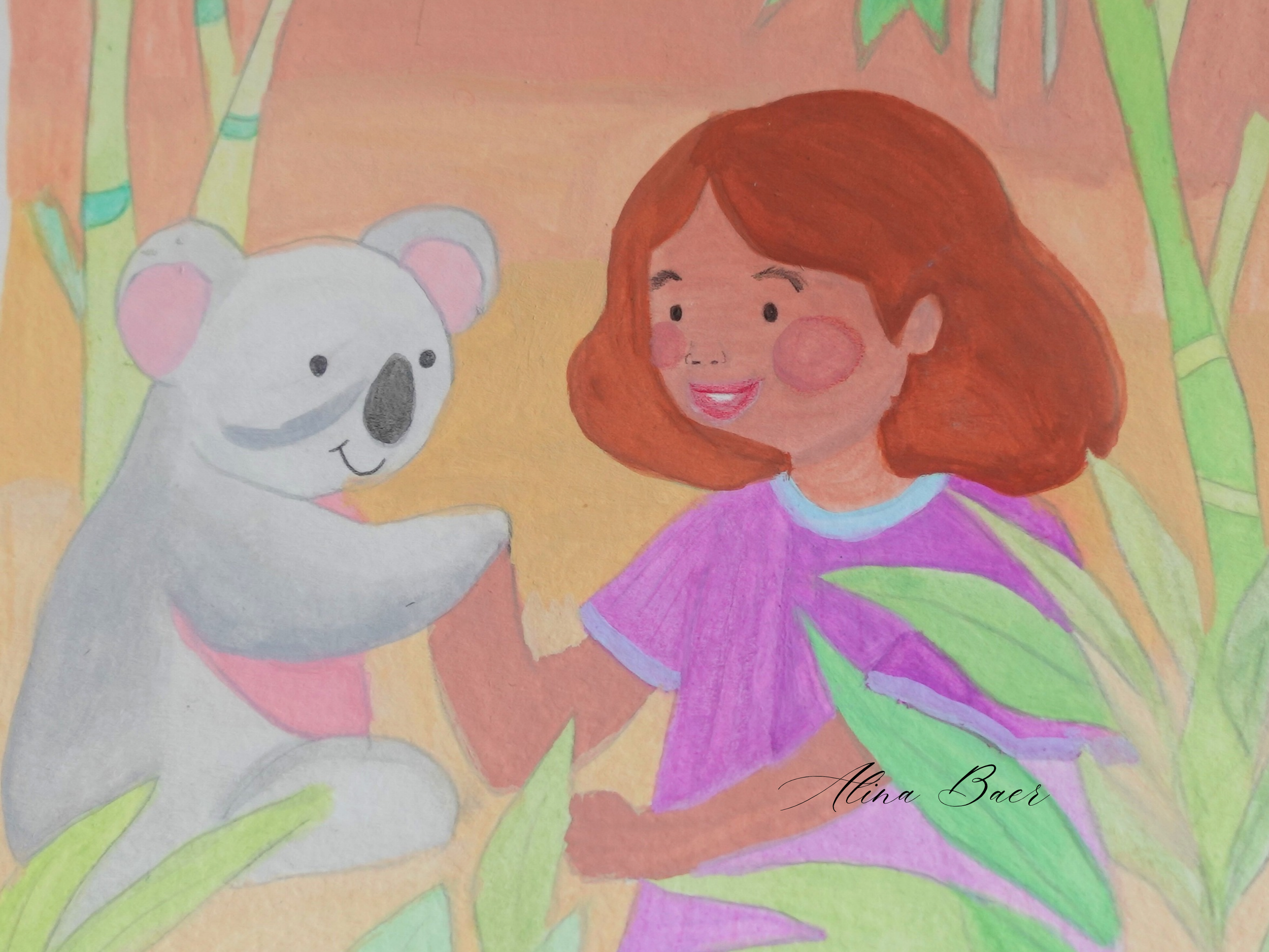 A colorful watercolor illustration of a young girl with red hair and a koala bear, surrounded by green bamboo leaves.