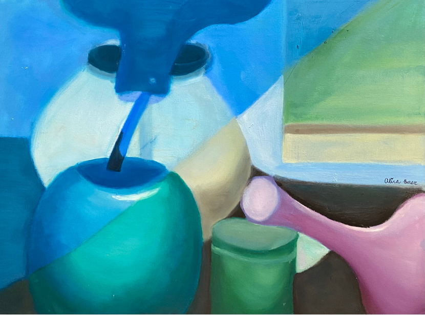 Painting of a still life with a blue-green coconut with a straw, a pink object, a green cylindrical container, and a framed picture on a blue background.