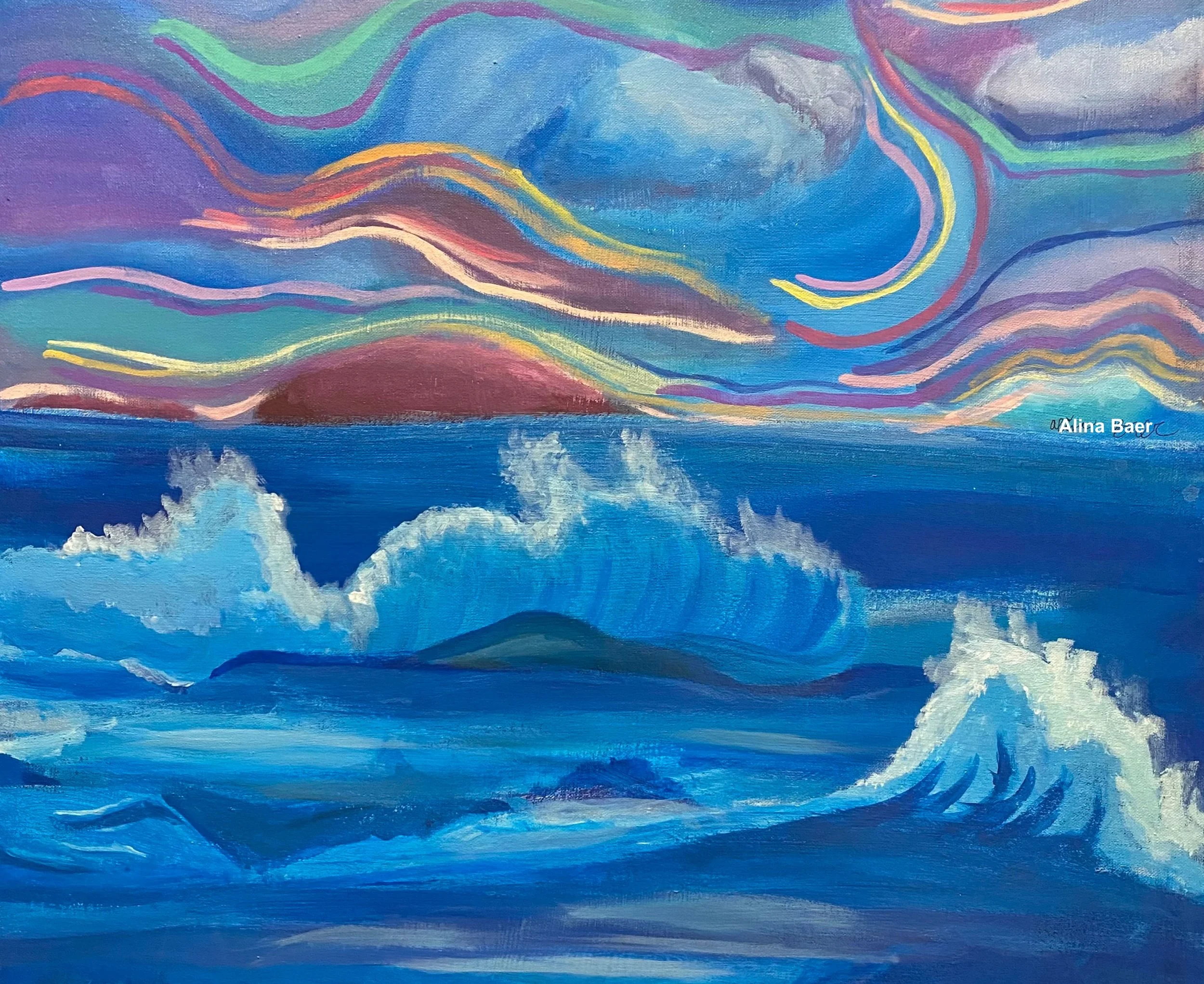 An abstract painting of ocean waves and sky, with swirling colorful clouds in shades of blue, purple, pink, yellow, and green. The painting features a horizon line with a distant mountain or island and water reflections.