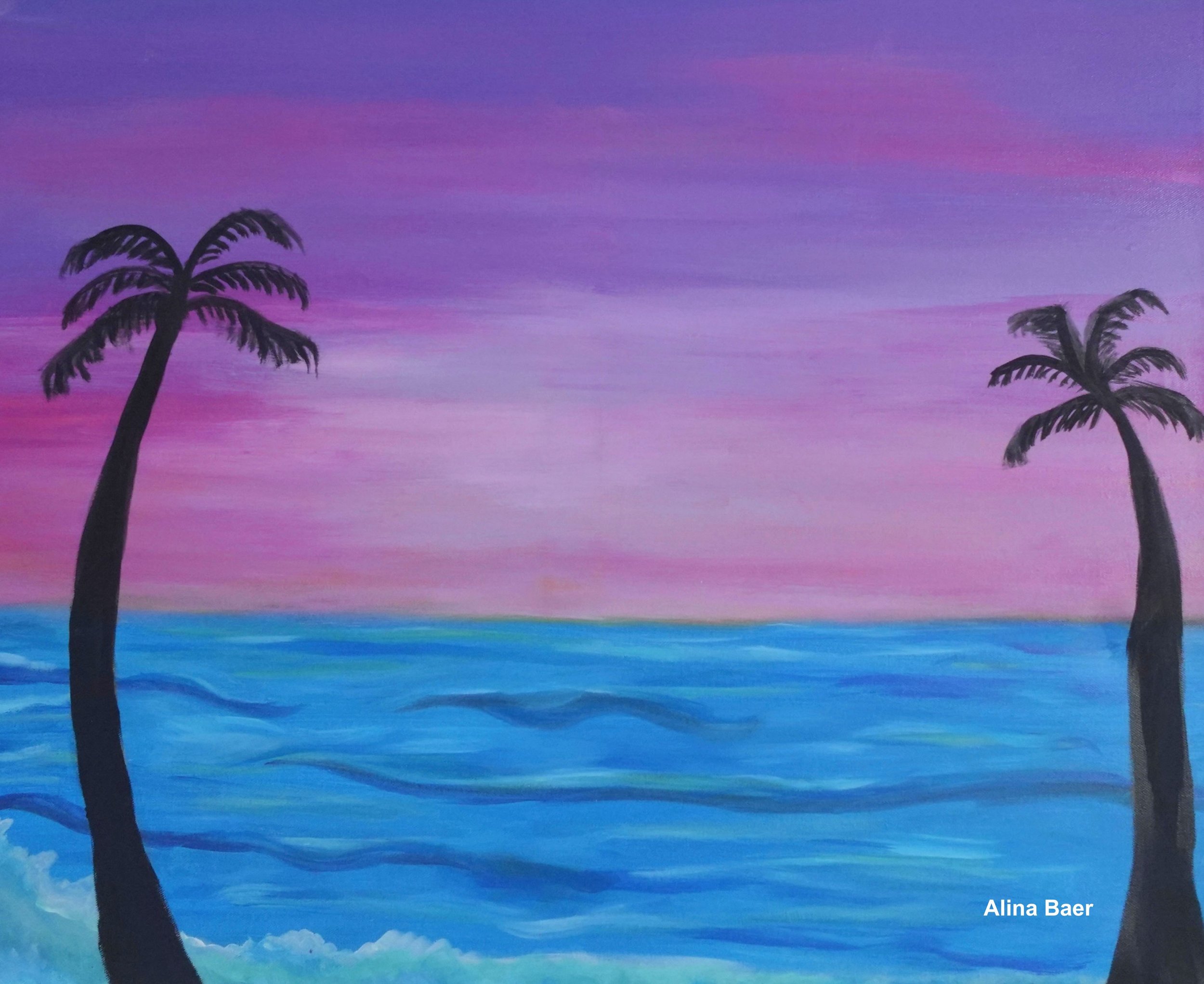 A colorful painting of a sunset with shades of purple, pink, and blue. Two silhouetted palm trees are in the foreground. The artist's name, Alina Baer, is in the bottom right corner.