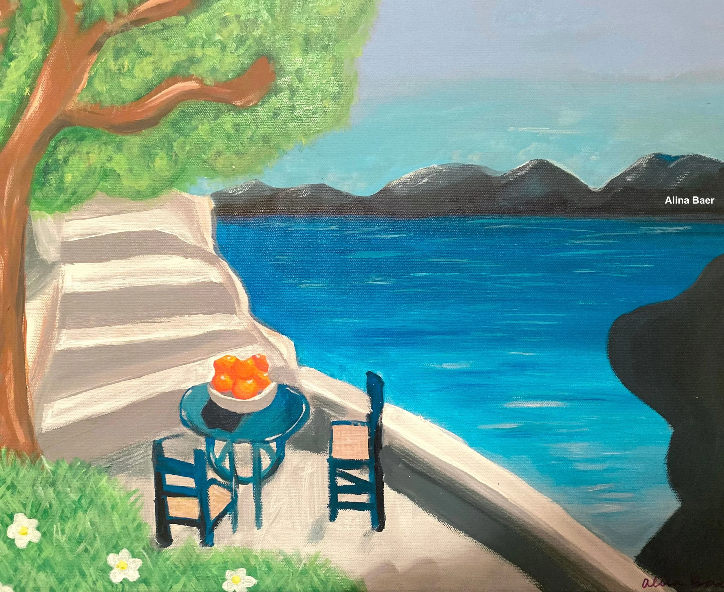 A painting of a lakeside scene with a large green tree on the left, a boat with orange flowers inside on a small blue table on the dock, green grass with white flowers in the foreground, a blue sky with some clouds, and mountains in the background. T
