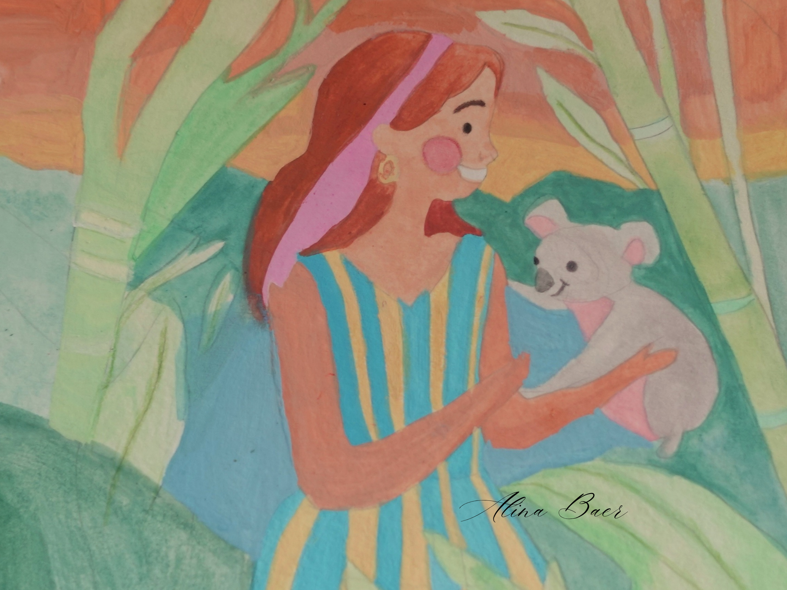 Colorful drawing of a girl with long red hair wearing a pink headband and a blue and yellow striped dress, holding a white mouse, surrounded by large green leaves and foliage.