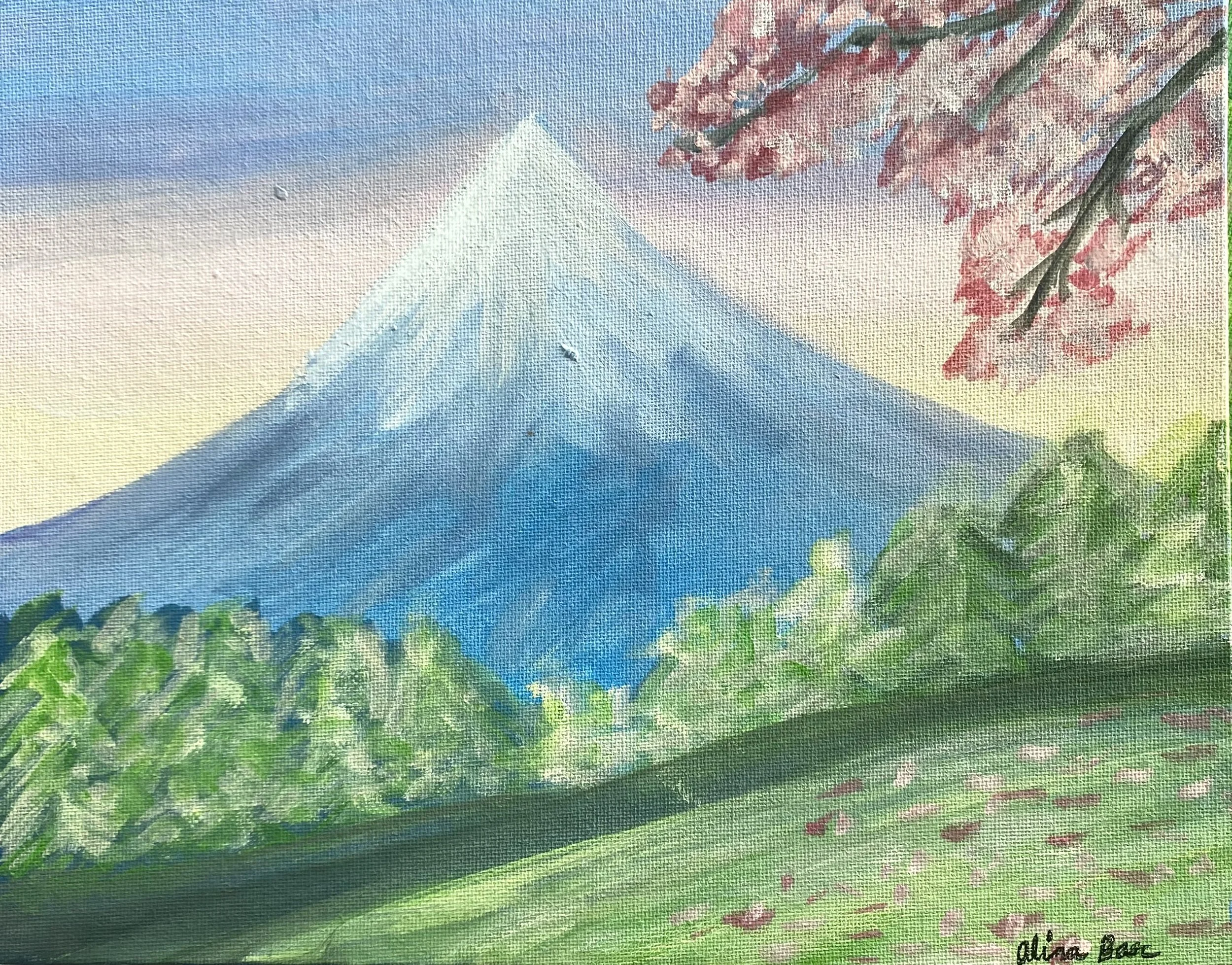 Painting of Mount Fuji with pink cherry blossom tree in the foreground.