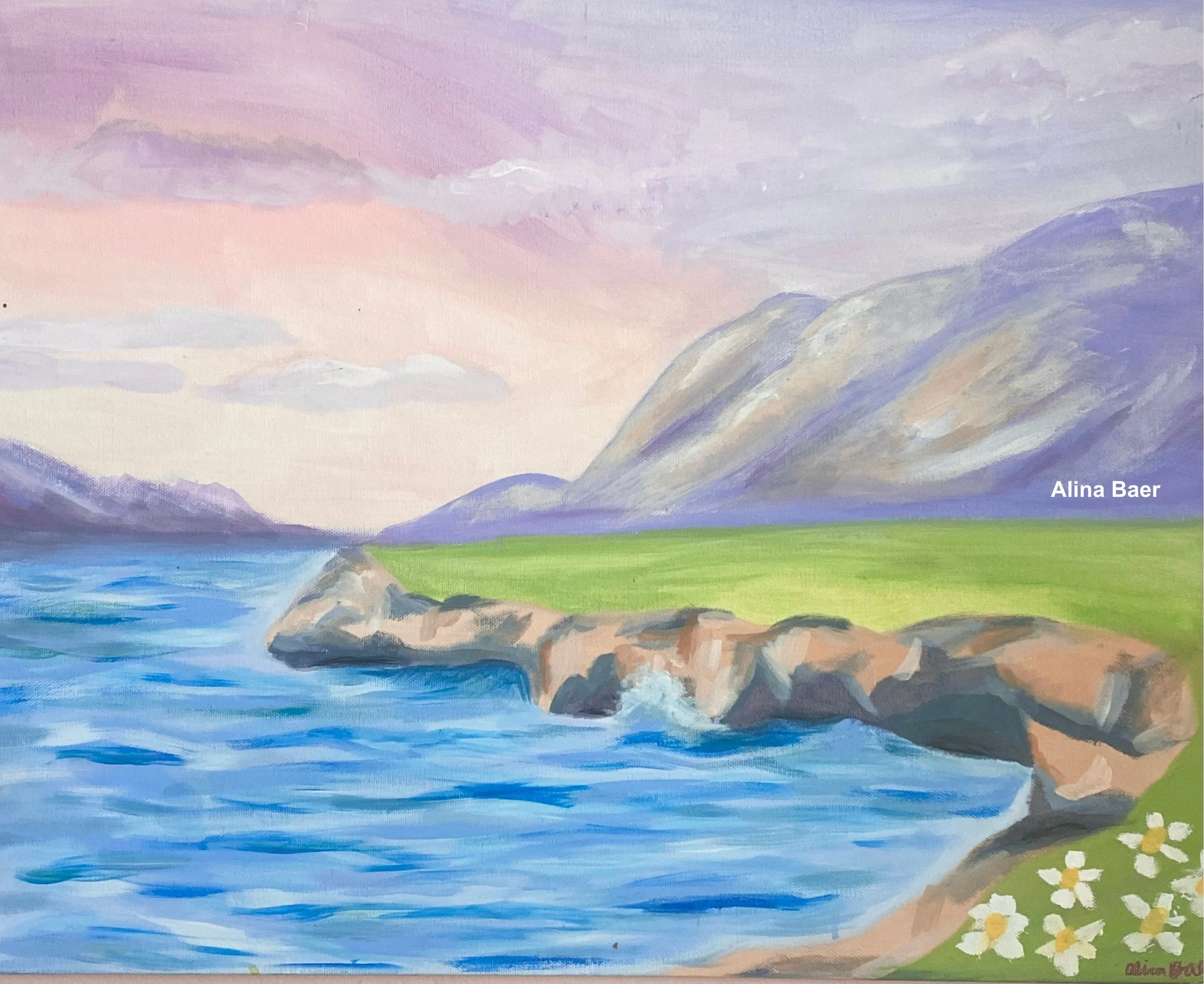 A landscape painting of a mountain scene with a blue river in the foreground, green grassy areas, and purple mountains under a light pink and purple sky.