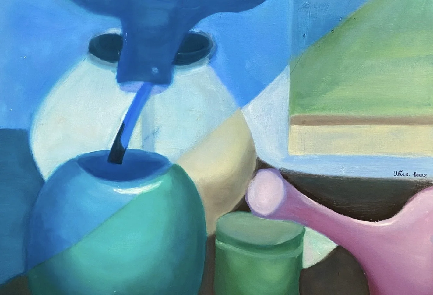 A colorful still life painting of various objects including a blue drinking bottle, a white pitcher, a green bottle, a pink hand holding a white ball, and a landscape painting in the background.