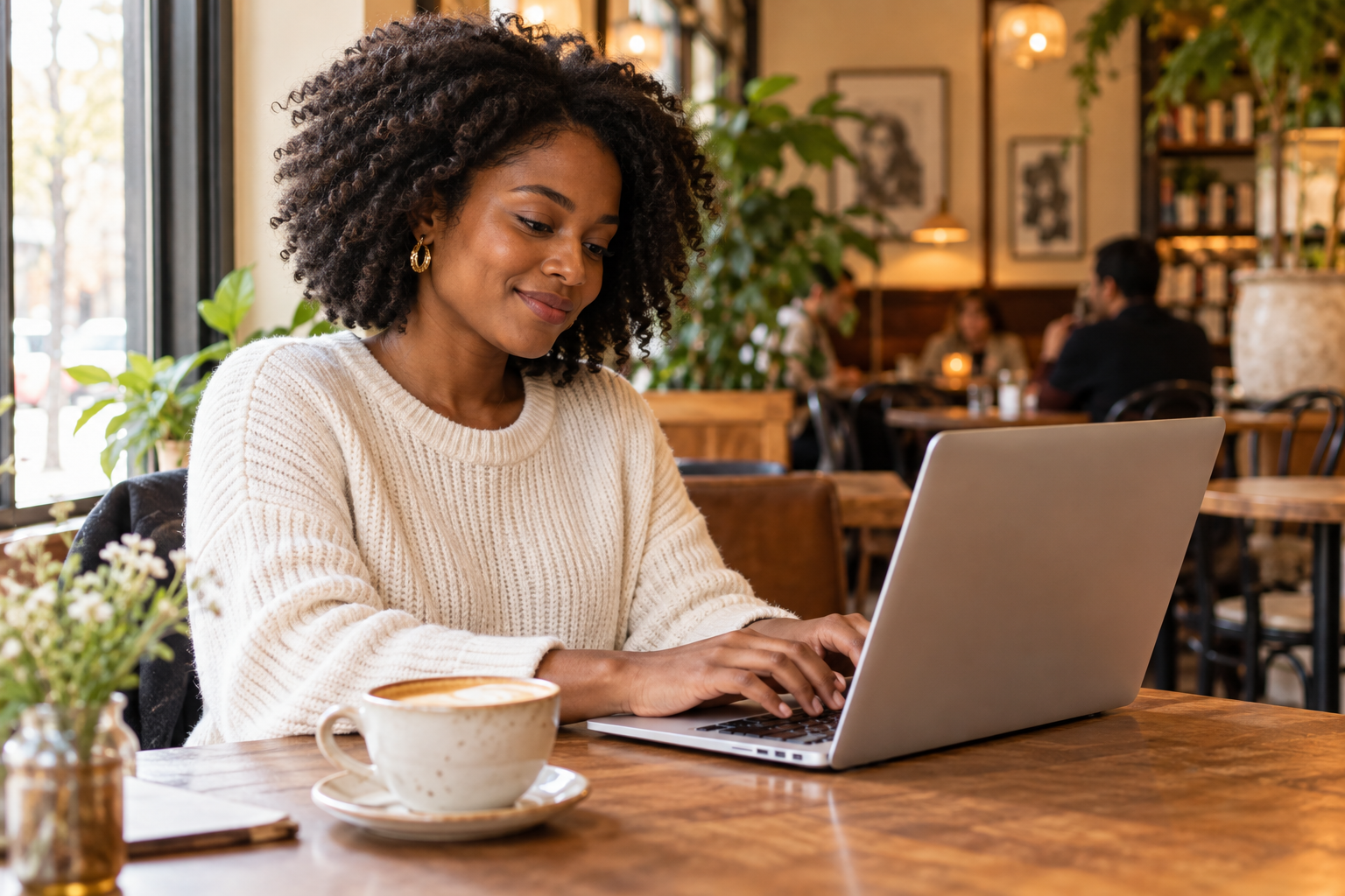 A Black woman writing a note on her laptop in a warm coffee shop.
