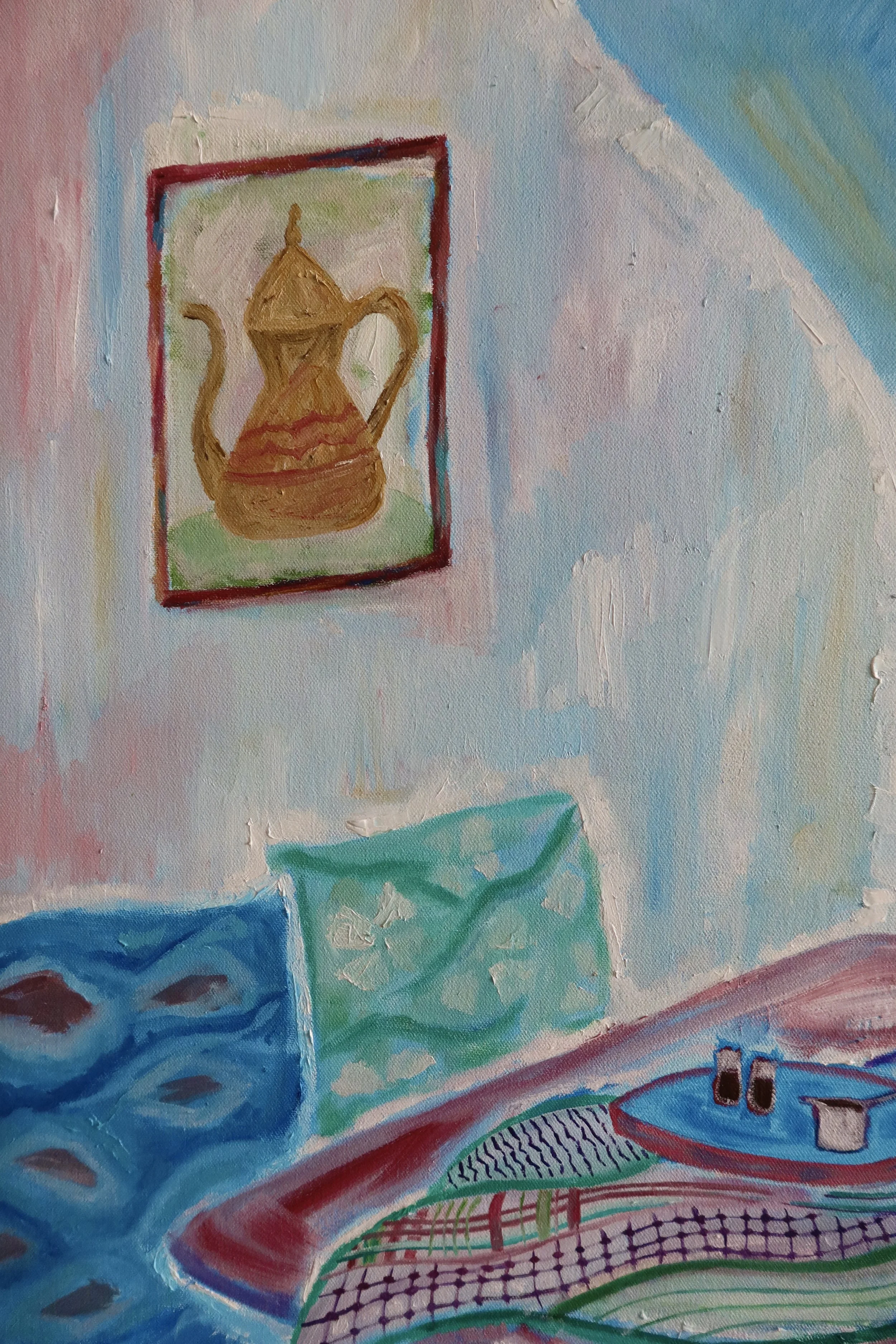 A colorful abstract painting featuring a framed picture of a traditional teapot with a lid, a curved spout, and a handle. The background includes various pastel colors, detailed scales and patterns, surrounded by vibrant colors and textured brushstro