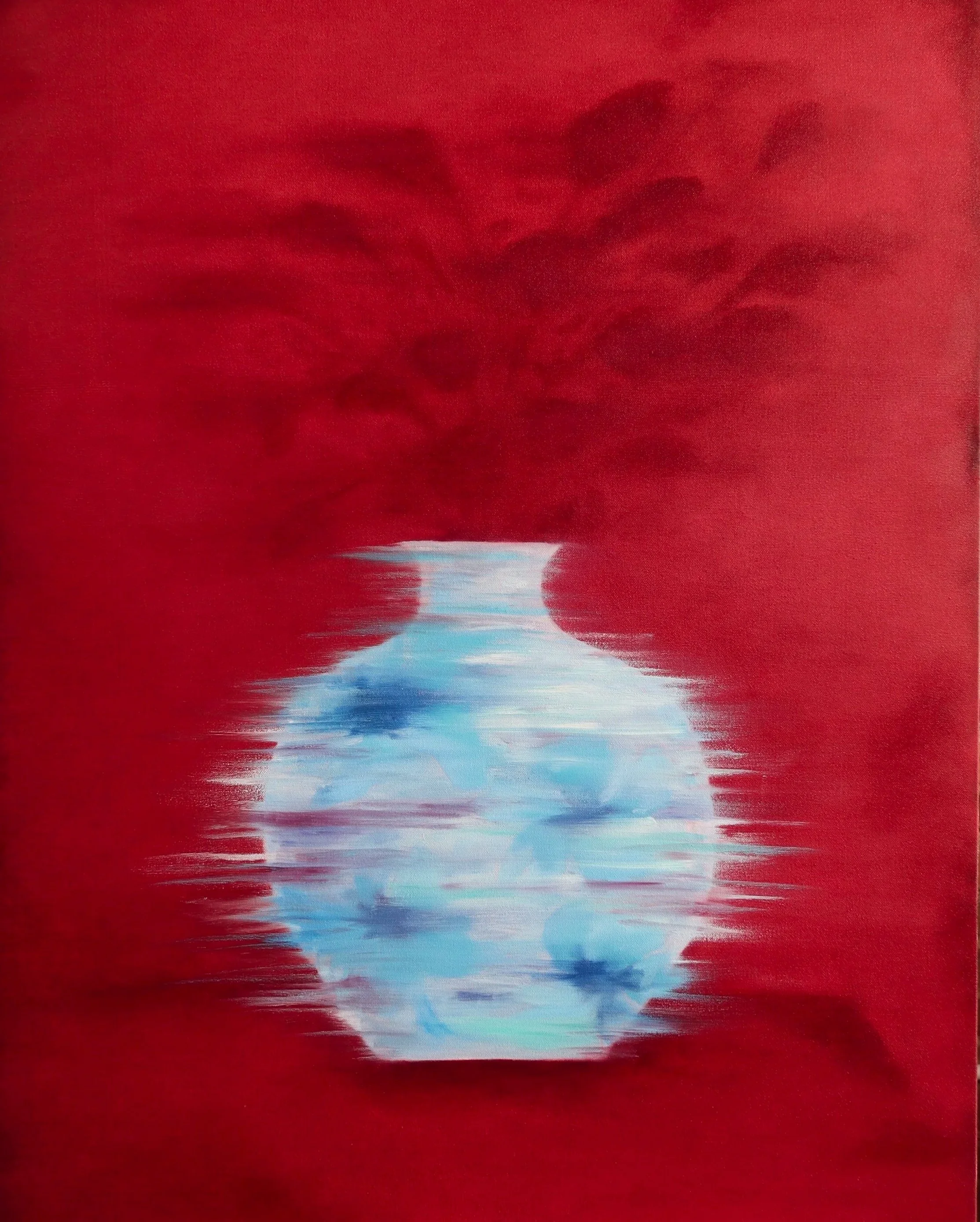 Abstract painting with a red background and a broad horizontal streak of white and blue across the bottom.