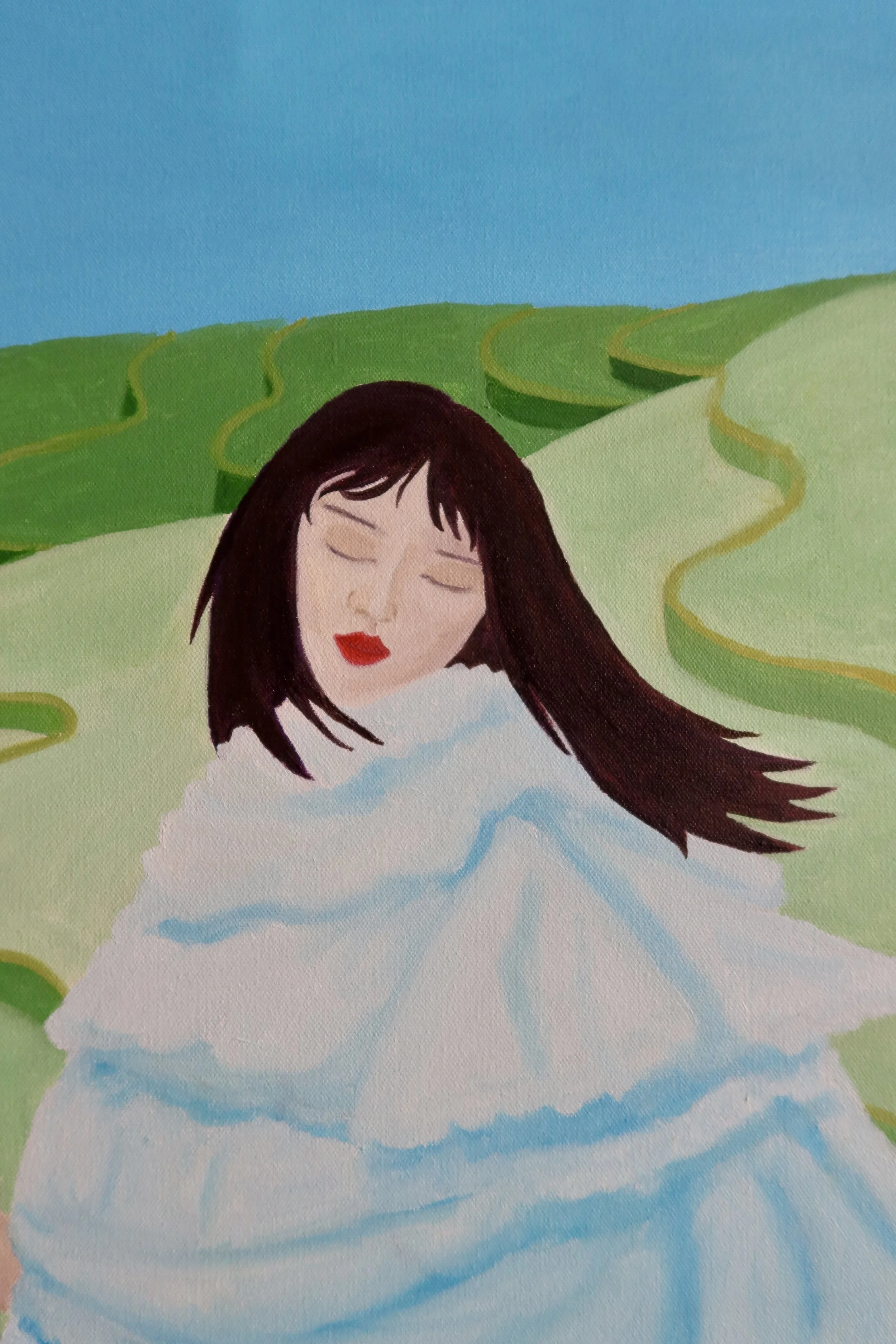 Painting of a woman with long dark hair, closed eyes, red lips, wearing white, surrounded by green hills and a blue sky.