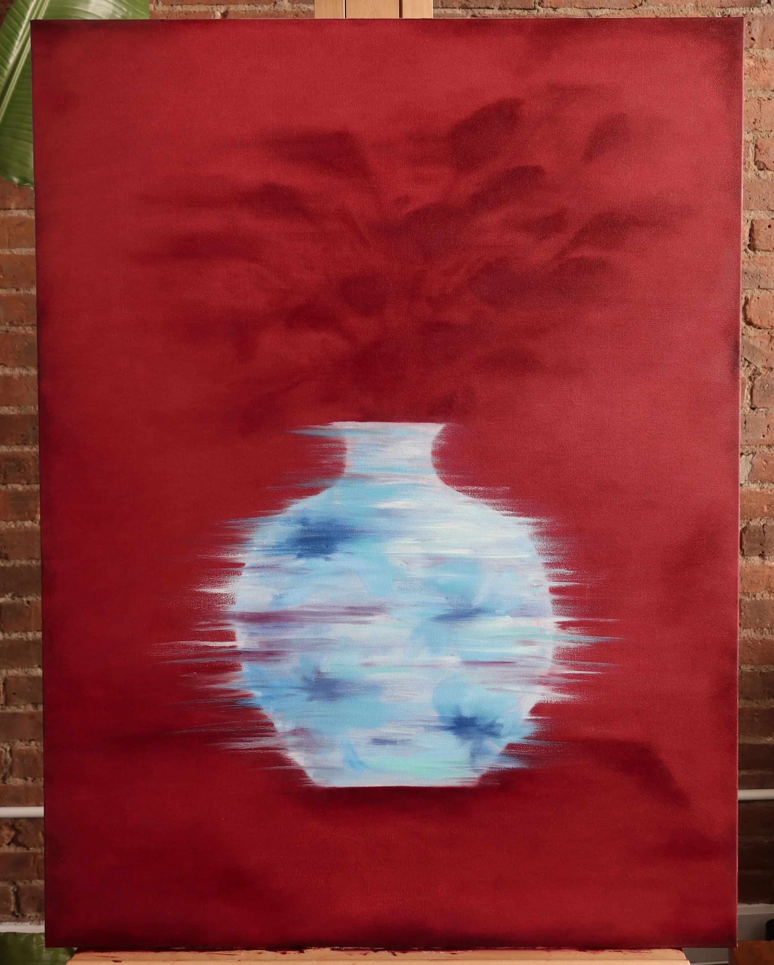 Abstract painting with a red background and white and blue vase.