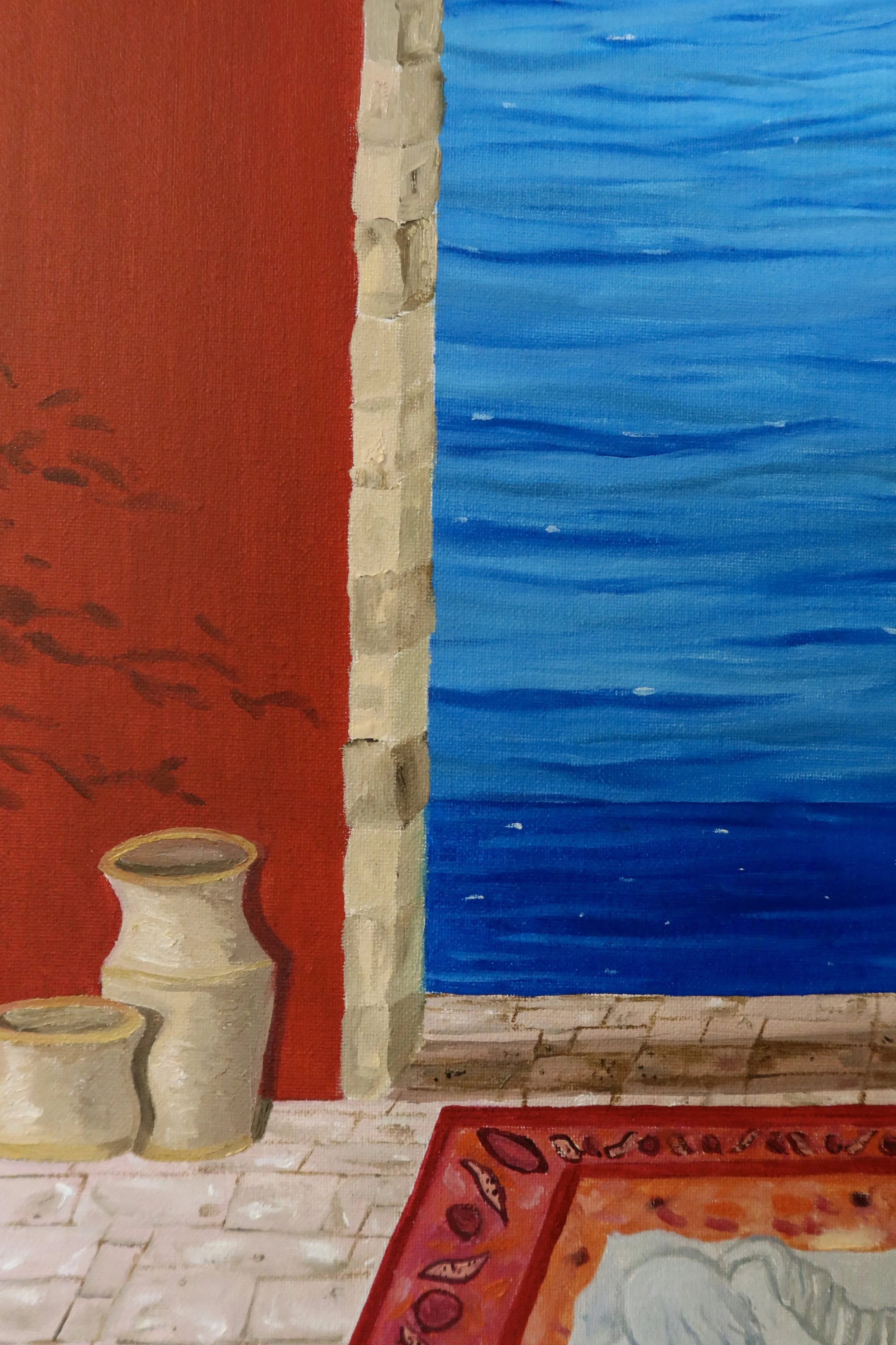 A still life painting of a red wall, a blue wall, clay pots, a stone wall, a wooden floor, and a patterned red and orange rug.