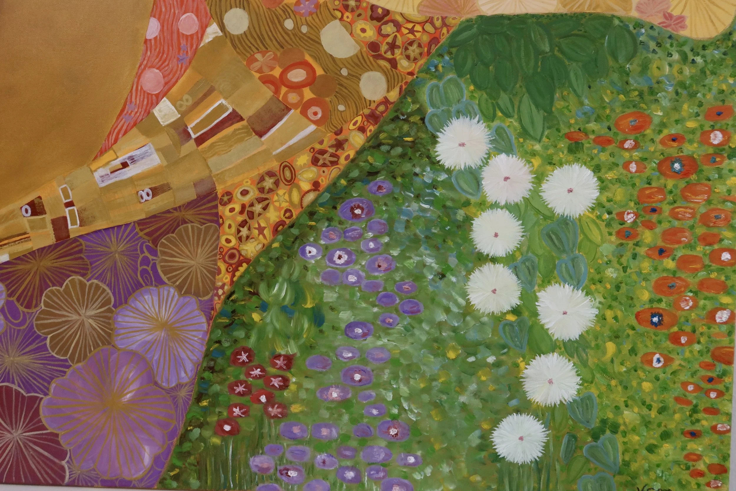 Close-up of a colorful painting featuring a variety of floral patterns and abstract designs, including large white flowers and smaller orange, purple, and red flowers.