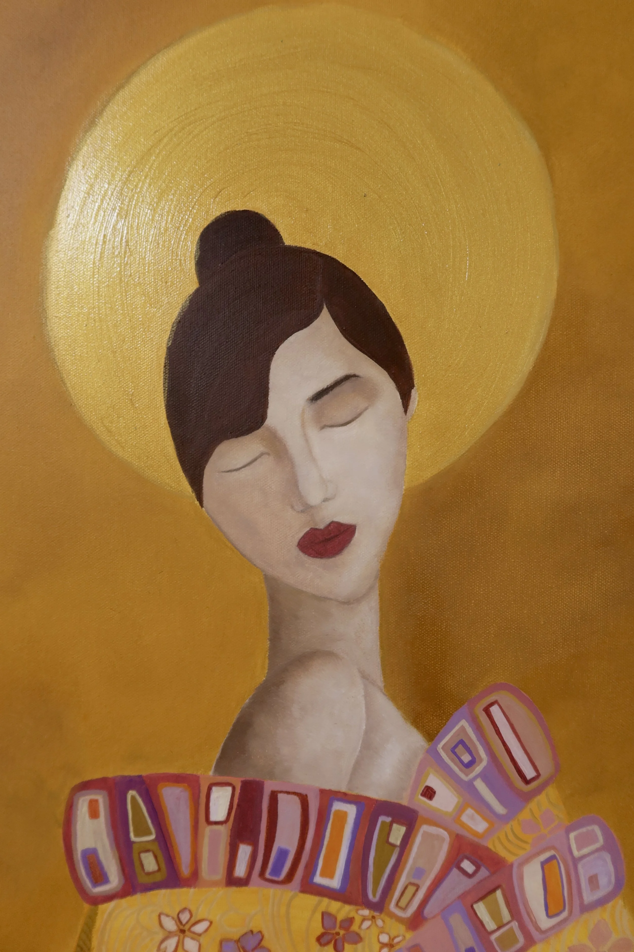 A painting of a woman with closed eyes, wearing a large golden halo and holding a colorful fan, set against a golden background.