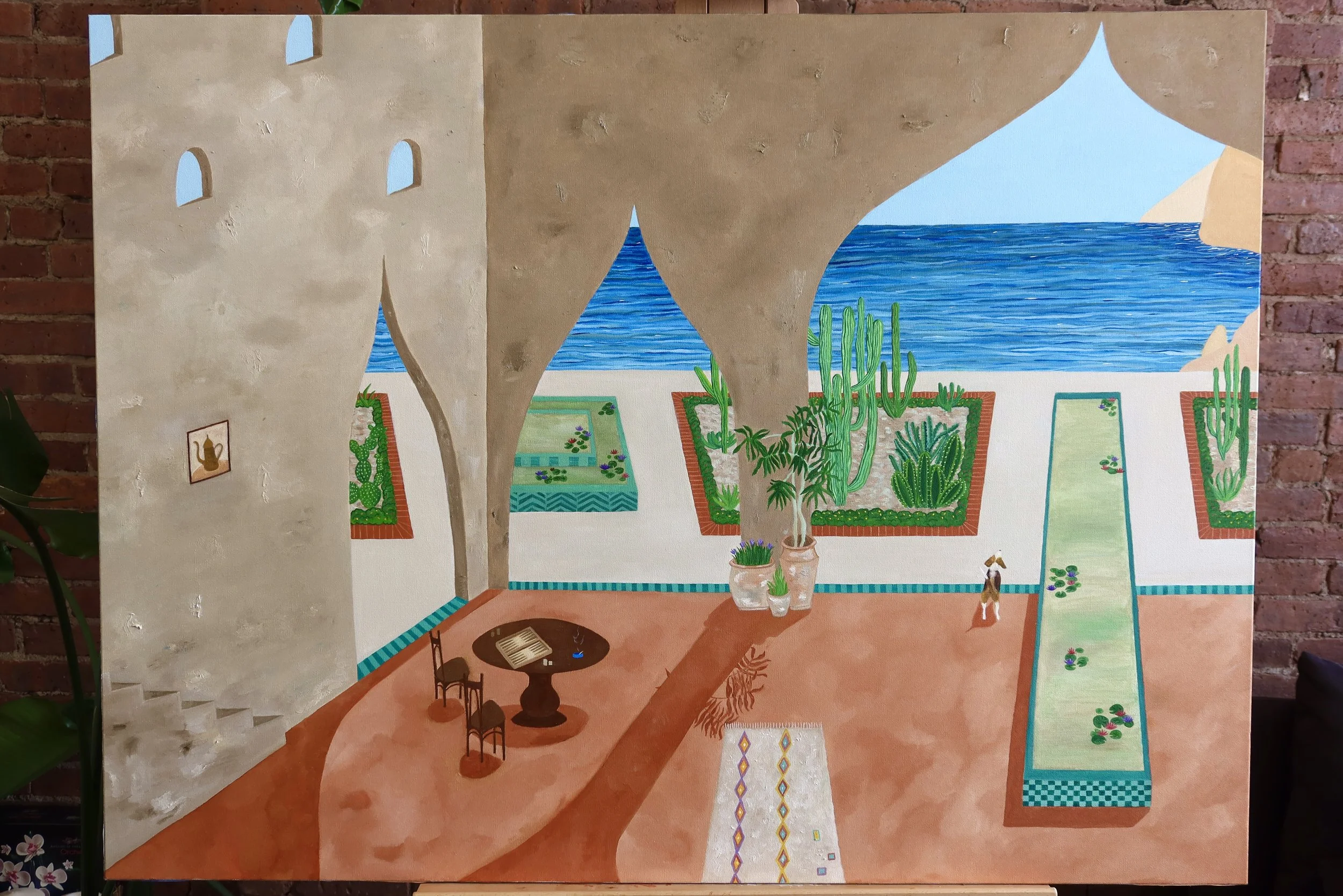 Painting of an indoor patio scene with patio tables, potted plants, cactus, and a view of the ocean and mountains through arches, with a brick wall in the background.