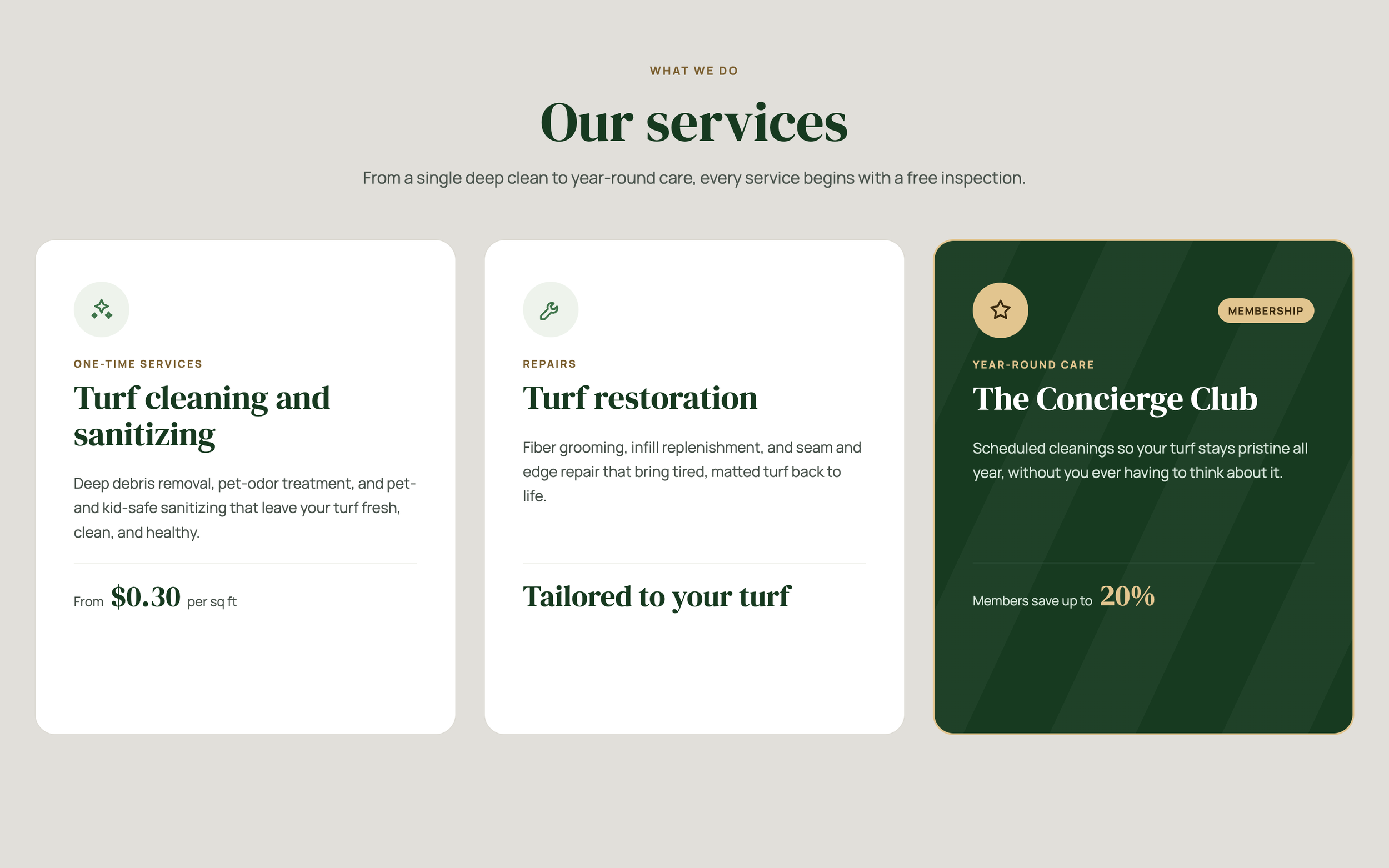 The Turf Concierge services: turf cleaning and sanitizing, turf restoration, and The Concierge Club membership