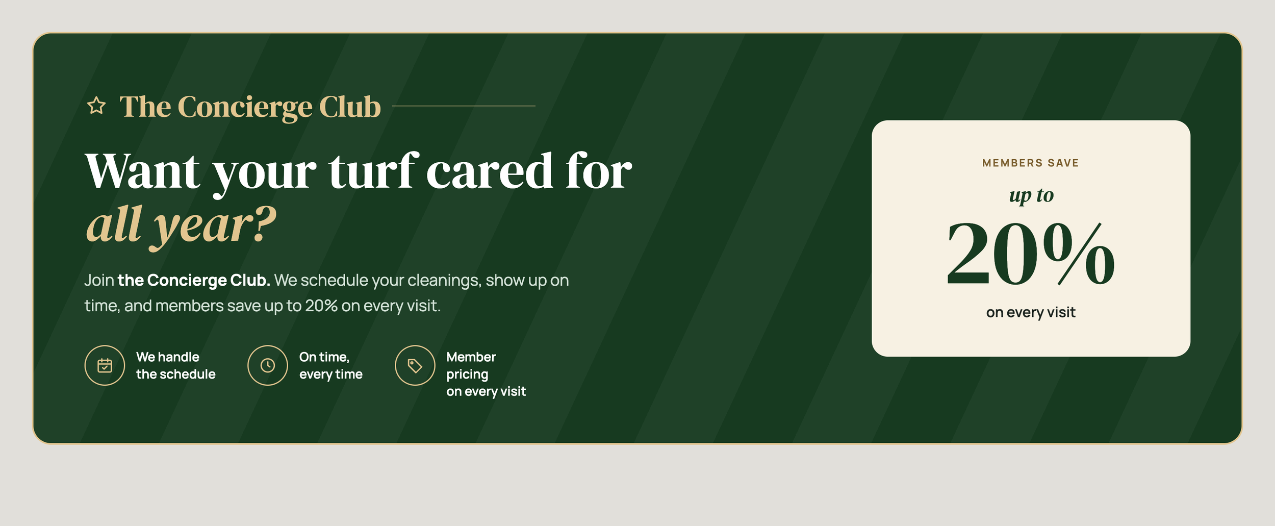 A promotional flyer for The Concierge Club offering up to 20% savings on services with membership, highlighting scheduling, punctuality, and member pricing benefits.