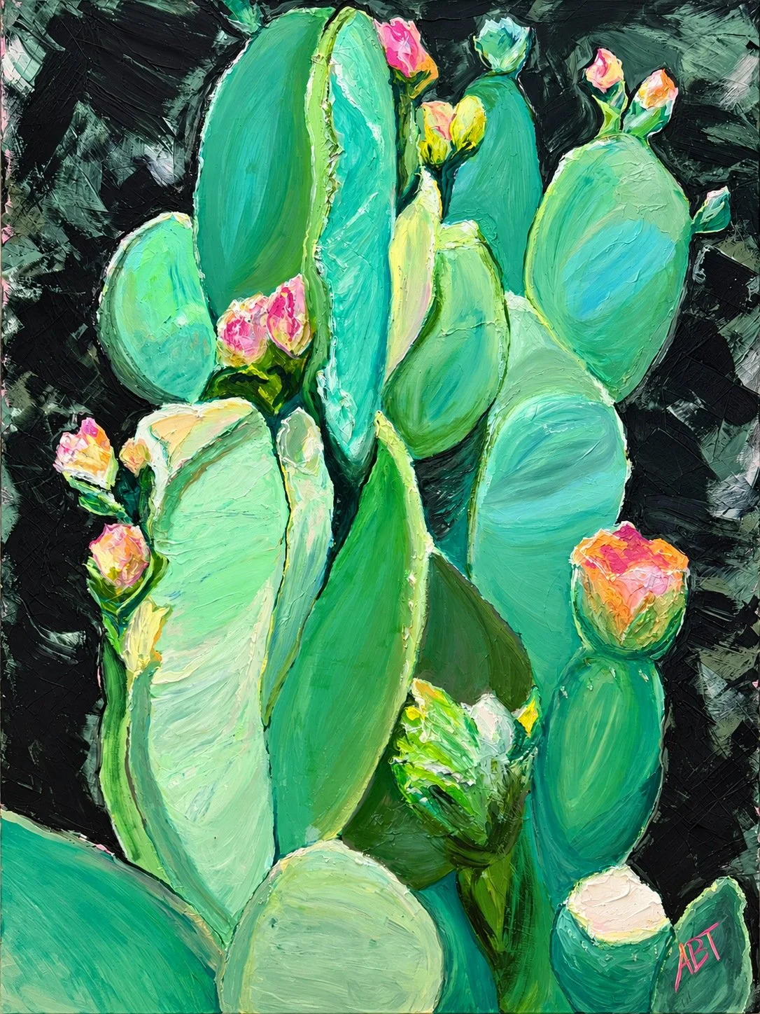 Prickly Pear in Bloom
Sea-green paddles and blush buds against a dark, brushy ground.
Private Collection