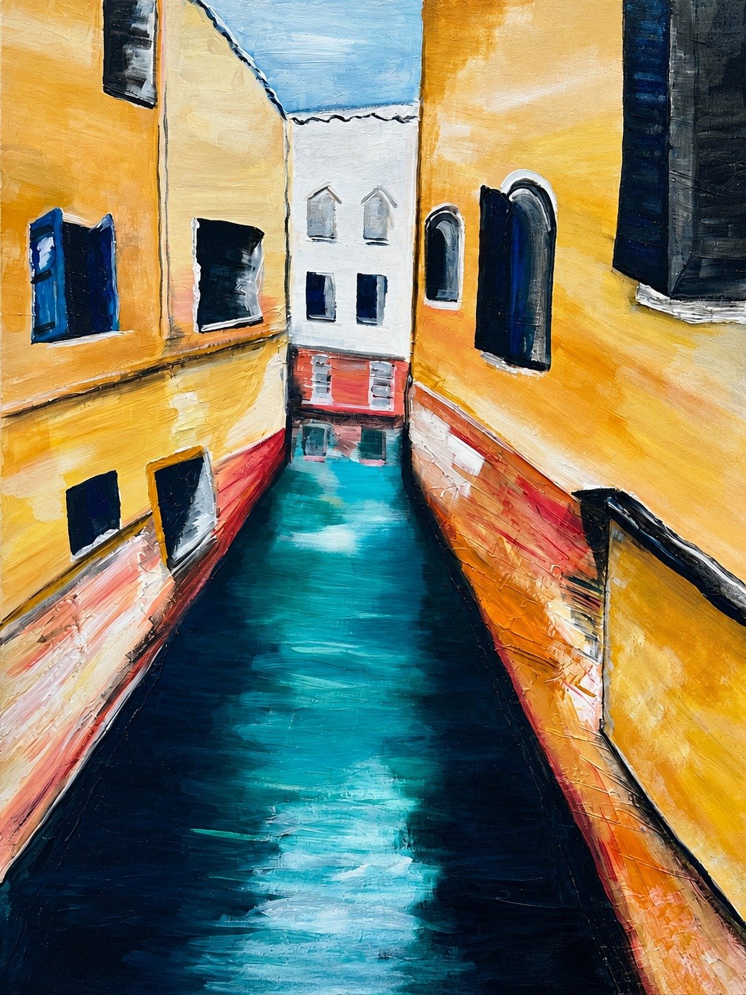 Venetian Canal
Sun-washed ochre walls frame a quiet turquoise canal winding deeper into the city.
Available