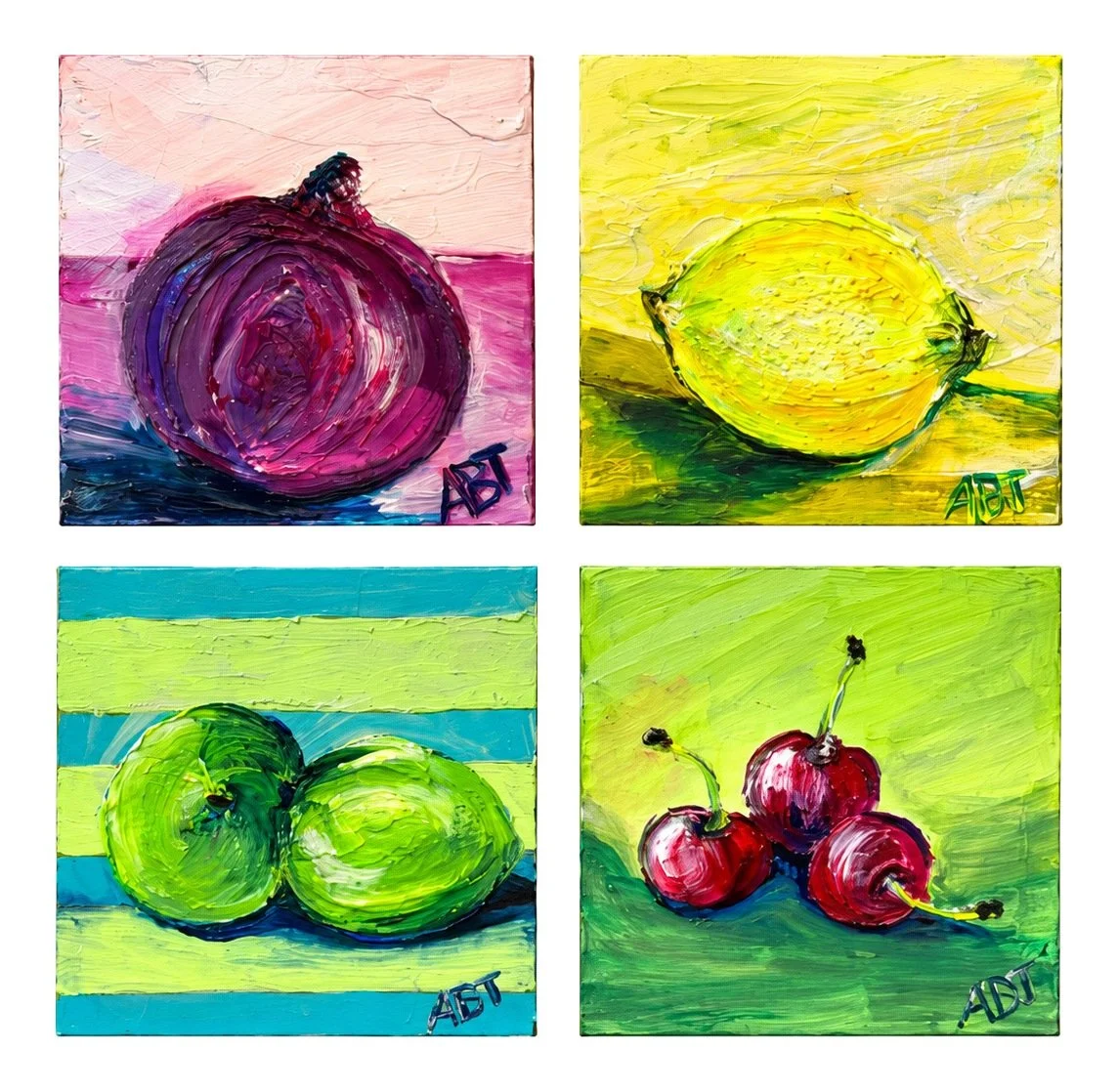Market Brights
Red onion, lemon, limes, and cherries, each on its own bright ground.
Set of four · Available