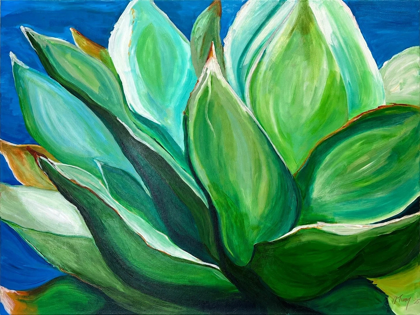 Agave Study, an original painting by Annette “Nettie” Tierney of green agave leaves against a cobalt blue background