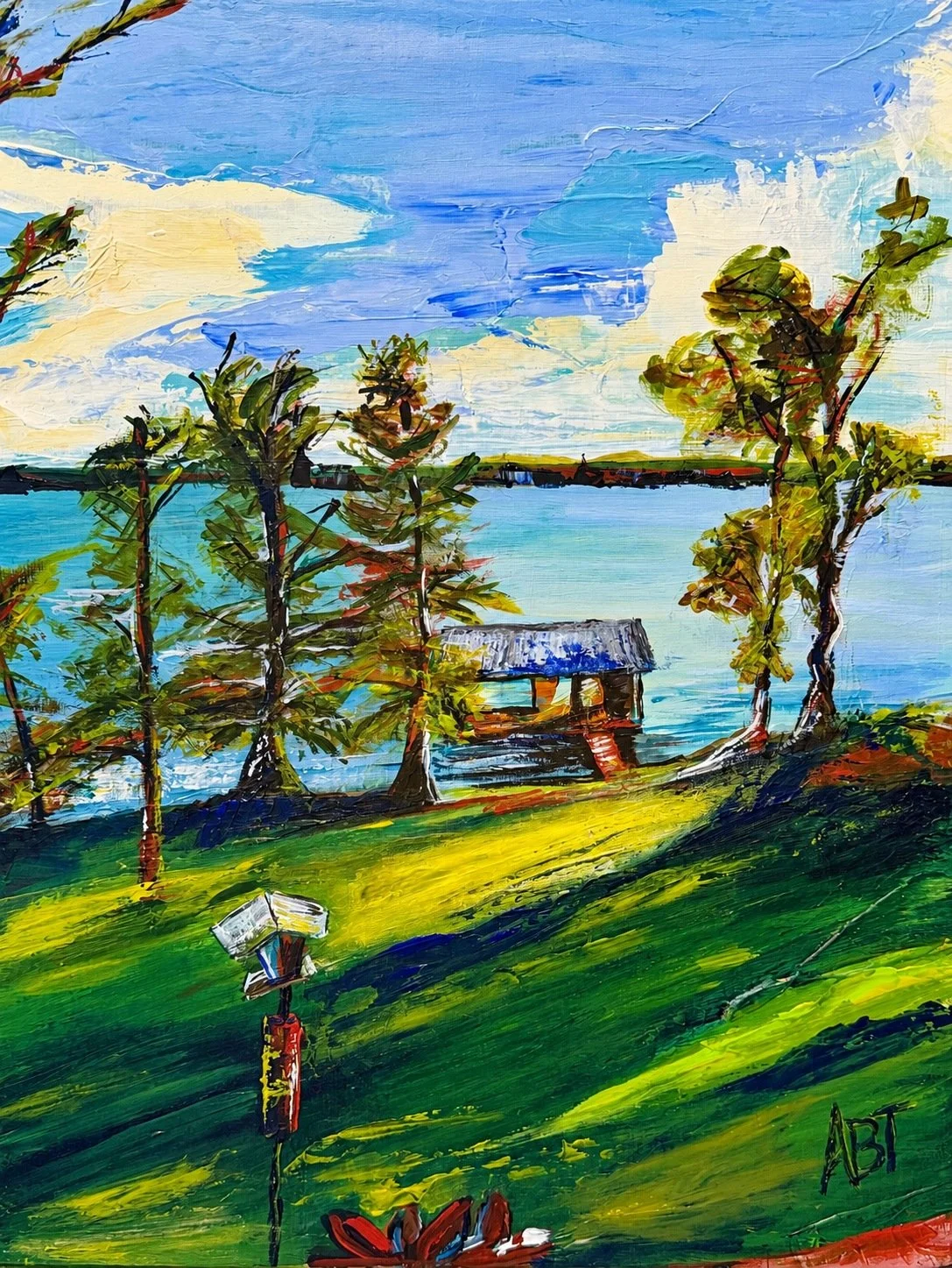 Boathouse Through the Pines
Tall pines frame a little boathouse on a bright blue lake.
Private Collection