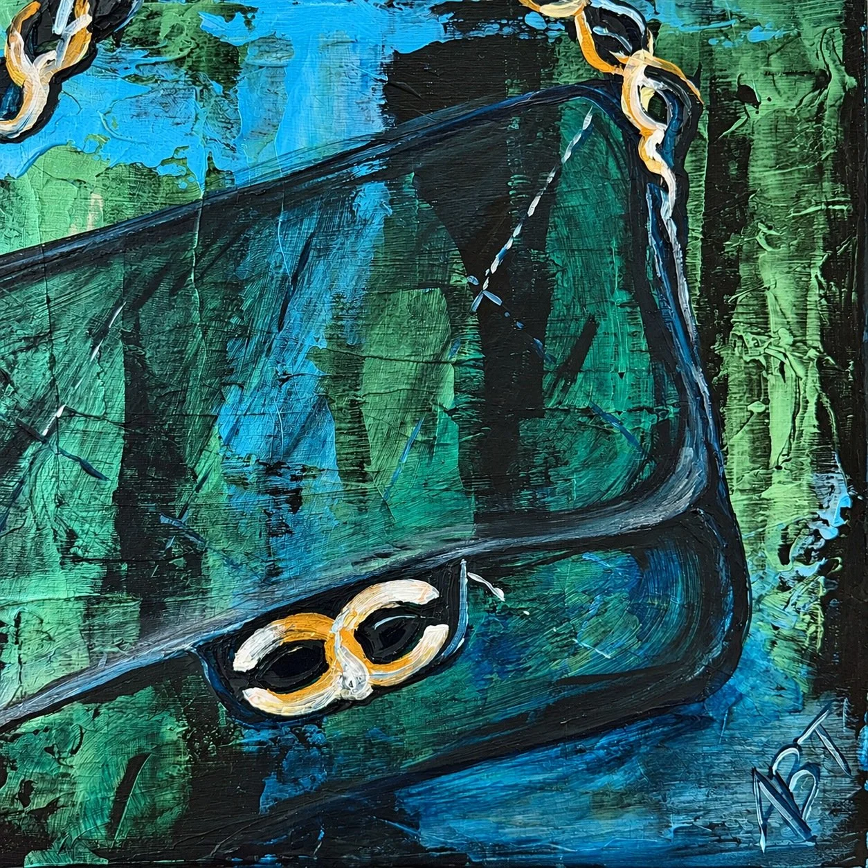 After Midnight
A black quilted handbag on a gold chain, set against teal and green.
Available