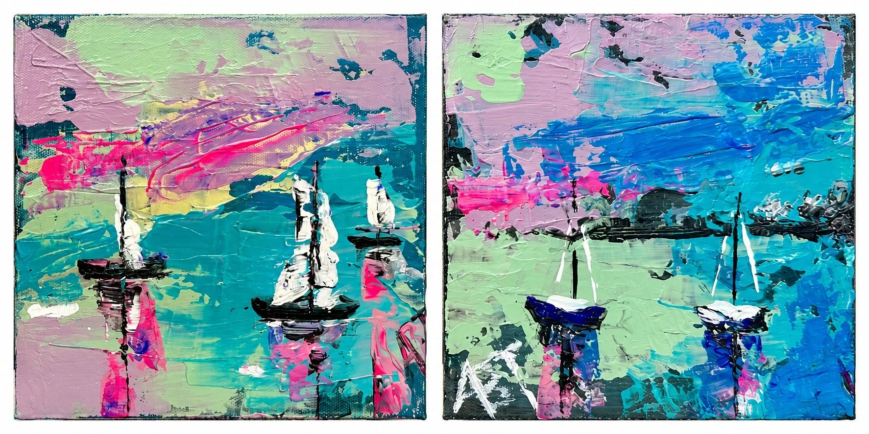 Harbor Dreams
Two small abstract harbor scenes, sailboats floating in electric pinks, mint, and turquoise.
Pair · Private Collection