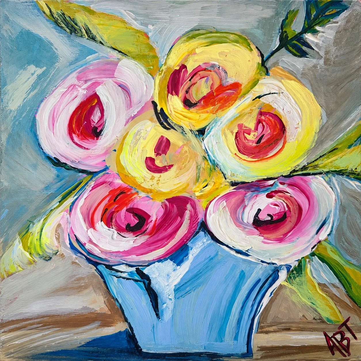 Roses in a Blue Vase
A cheerful bouquet of garden roses in candy pinks and buttery yellows.
Private Collection
