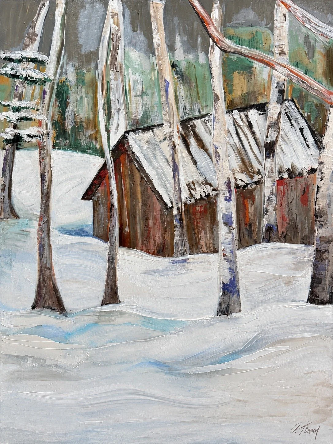 Winter Barns in the Birches
Weathered red barns rest in deep snow behind a screen of white birch.
Private Collection