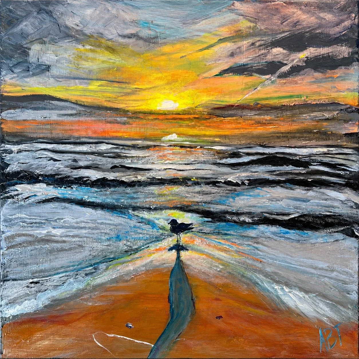 Seagull at Sunset, an original painting by Annette “Nettie” Tierney of a gull on the beach as the sun sets over the ocean