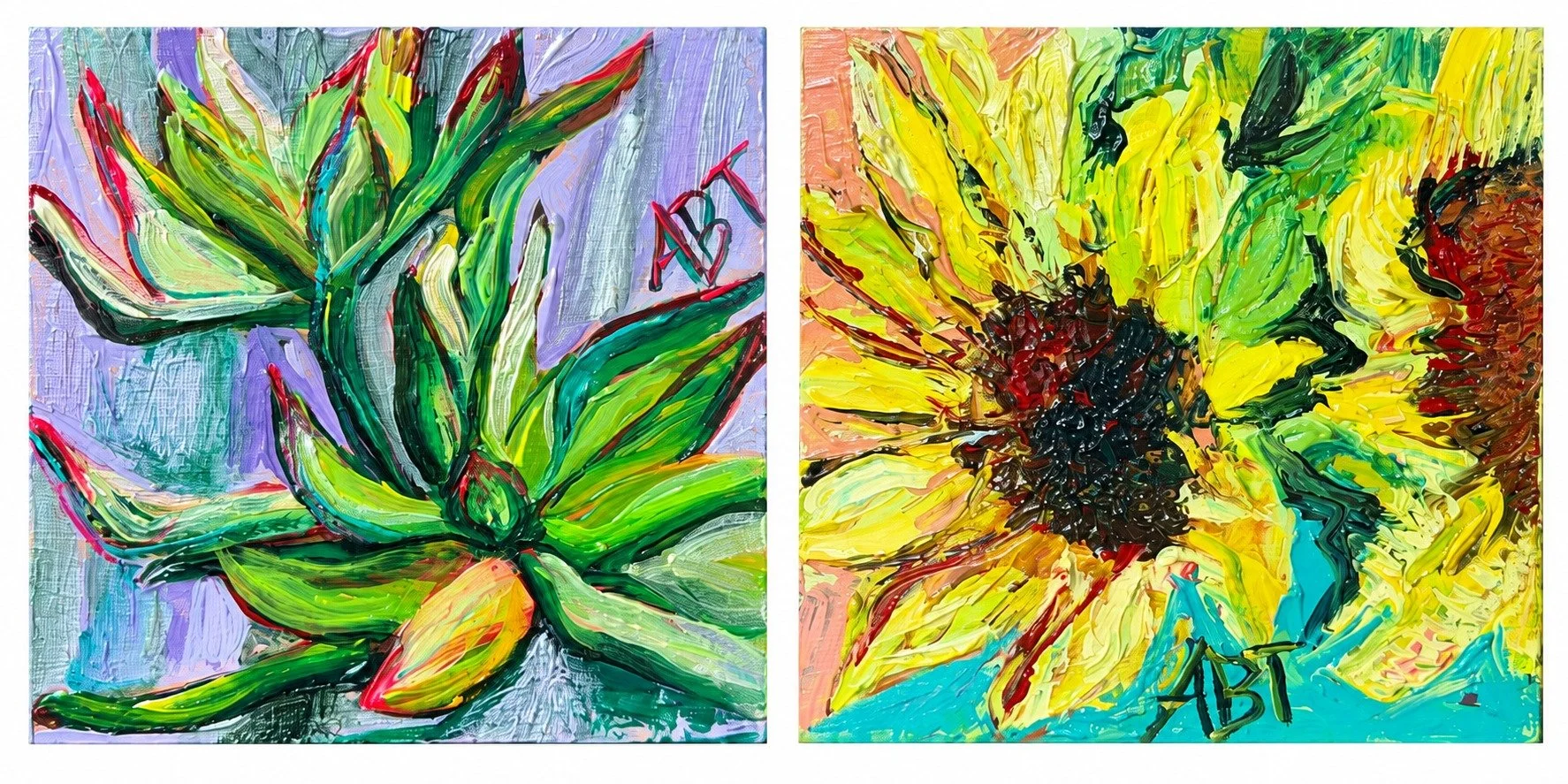 Succulent & Sunflower
Two jewel-bright studies, one cool and sculptural, one bursting with summer gold.
Pair · Available