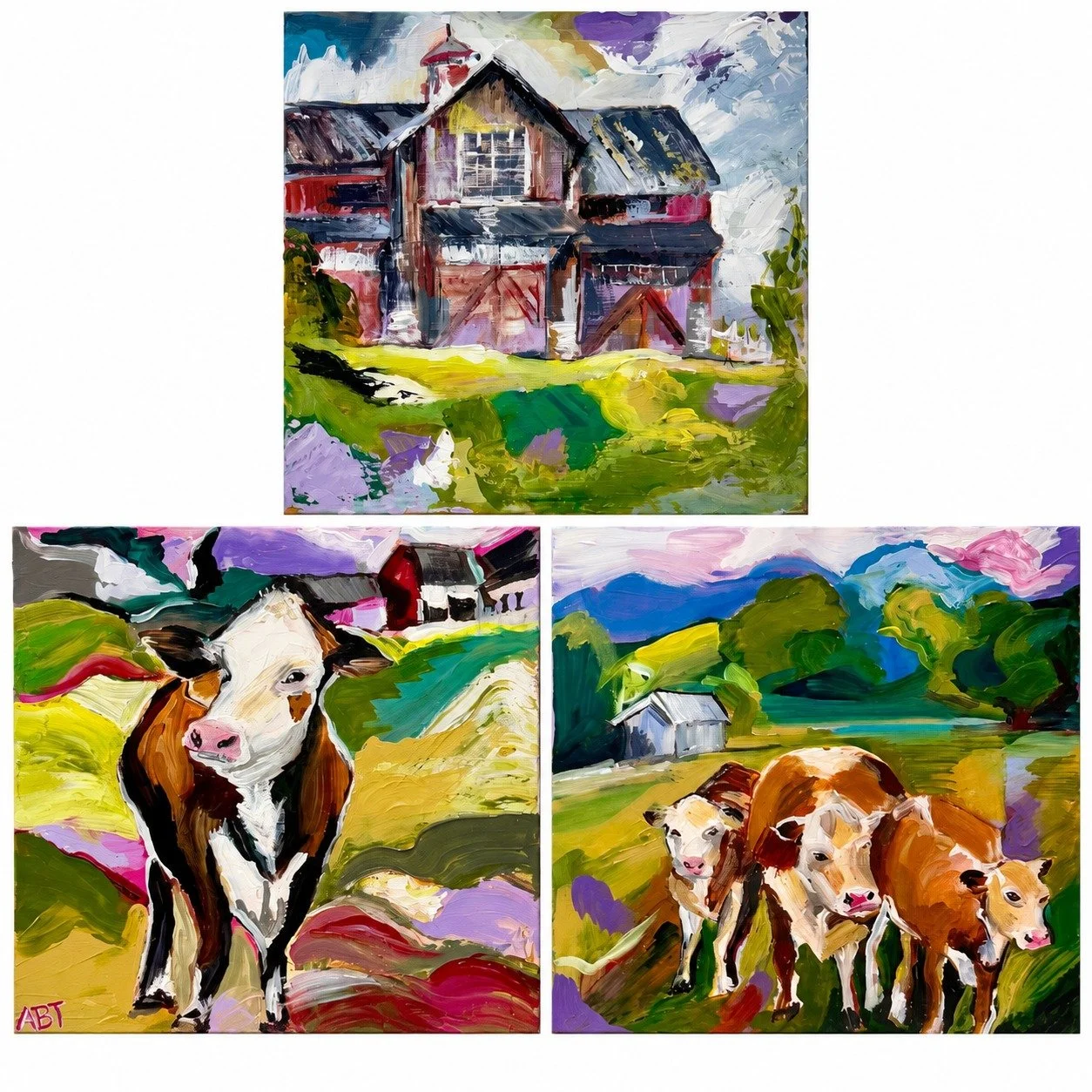 Pasture Trio
An old red barn and its curious residents, painted in the vivid colors of a summer afternoon.
Set of three · Available