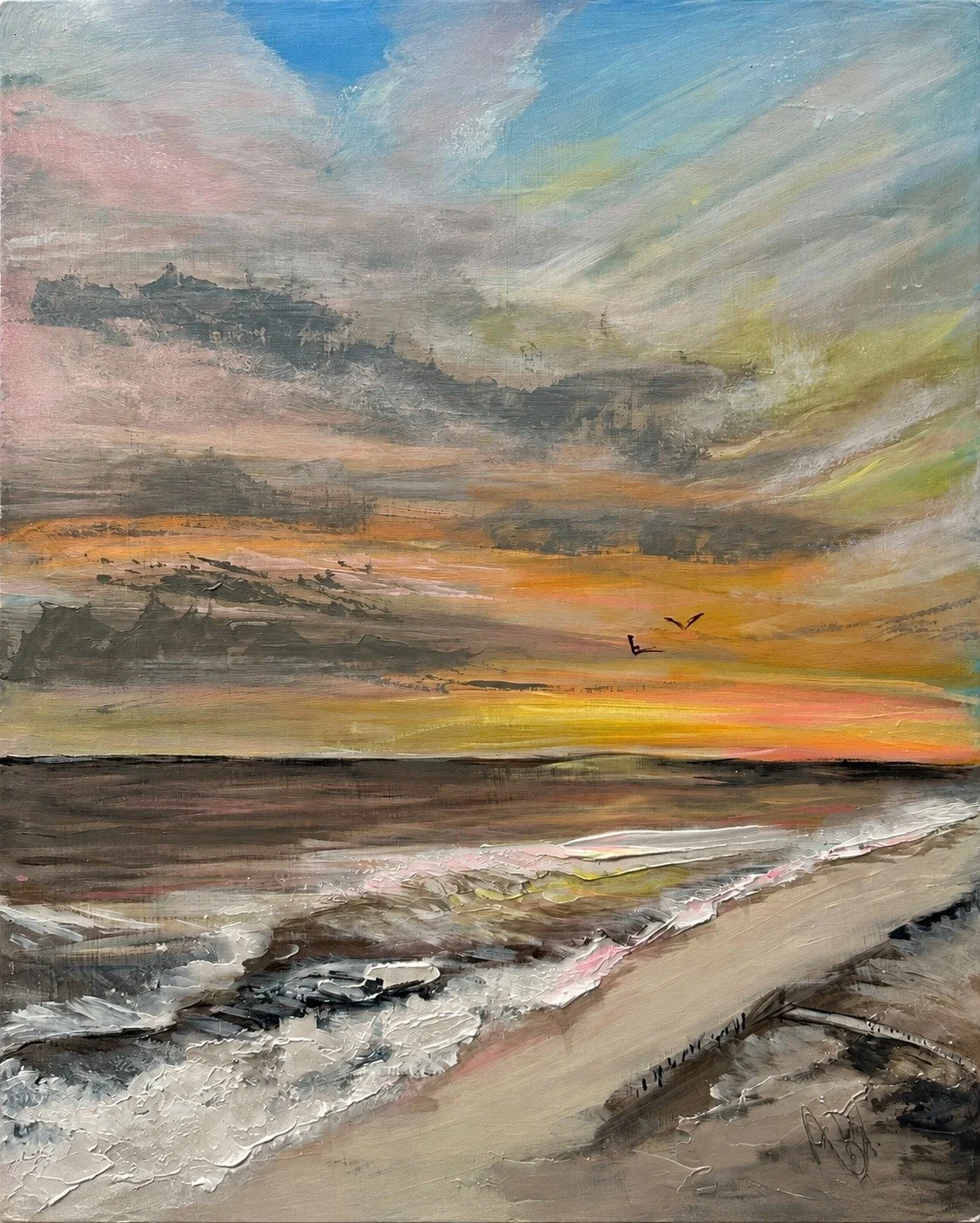Shoreline at Dusk
Two gulls cross a glowing sky as the tide rolls in at day’s end.
Private Collection