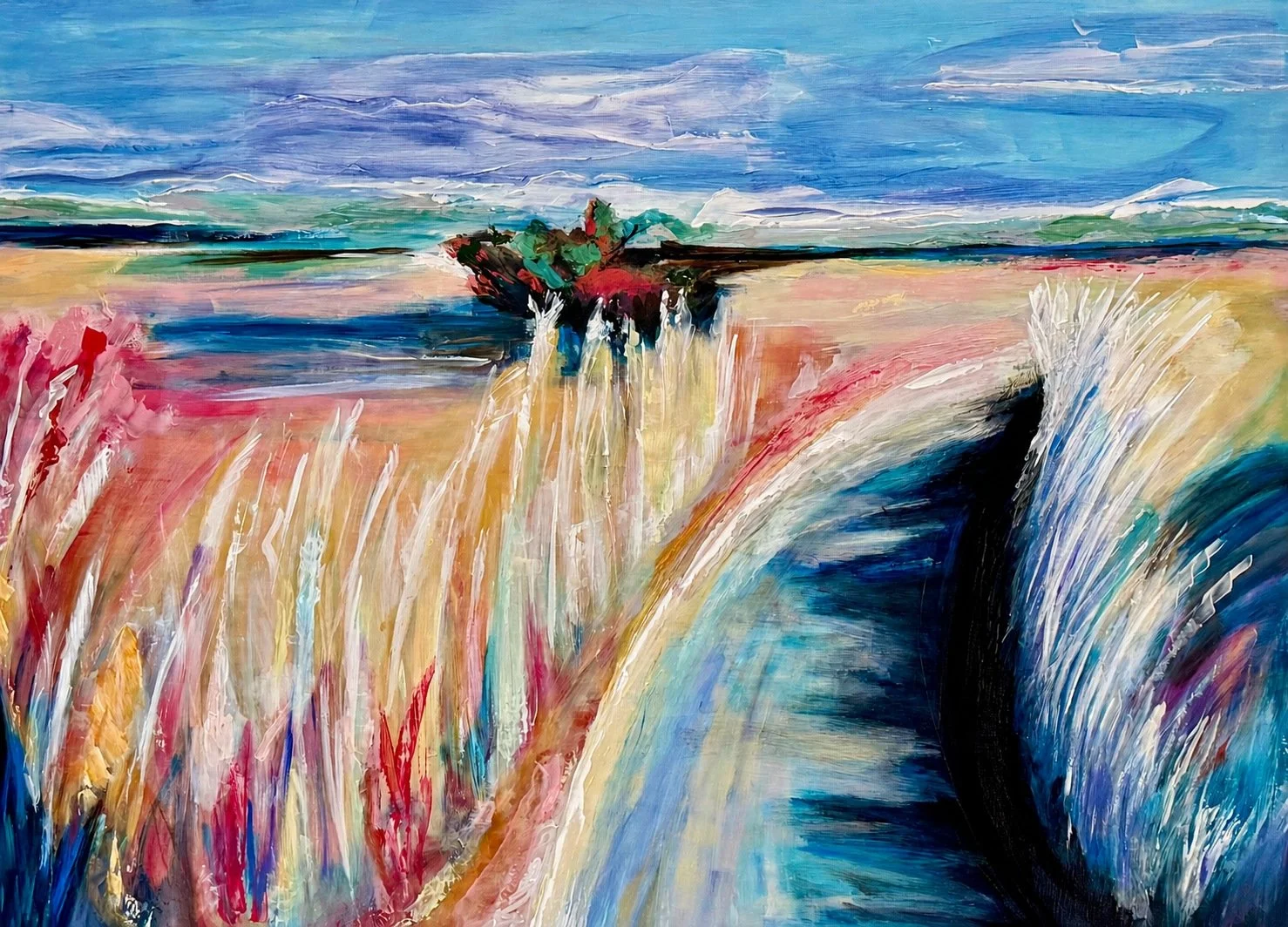 Through the Dune Grass
Windswept grasses in pink, gold, and blue sweep toward the shore.
Private Collection