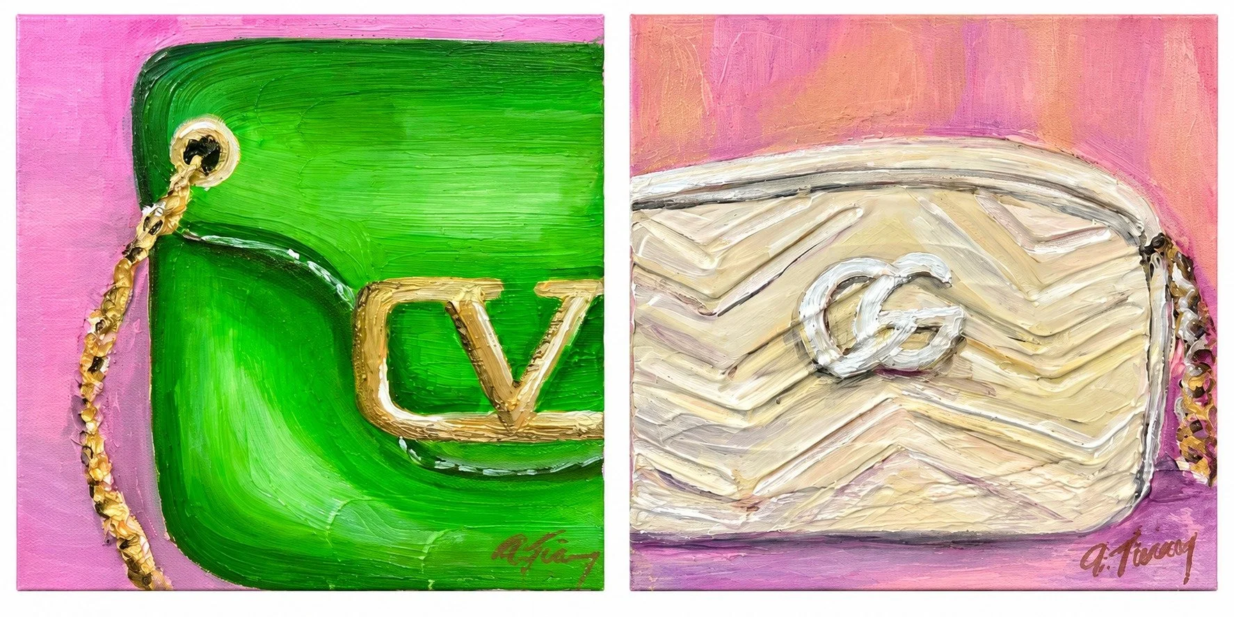Pink & Gold
Two playful handbag portraits in thick, glossy paint on blush-pink grounds.
Pair · Available