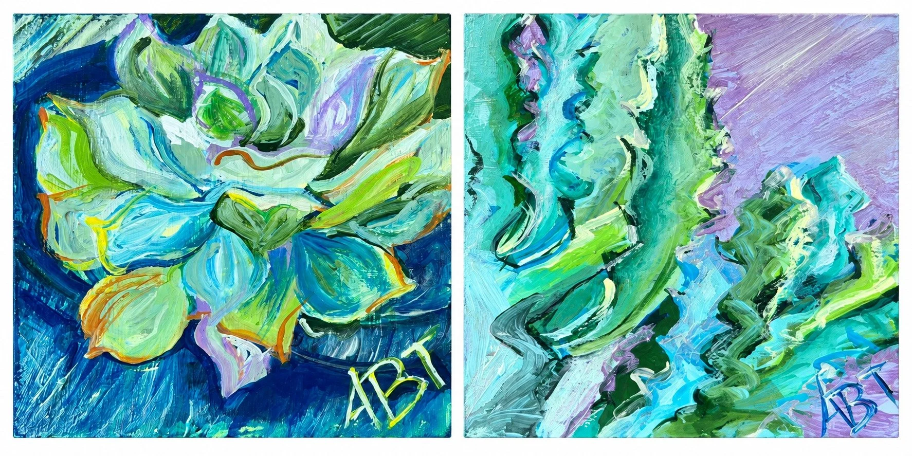 Desert Garden
Two small succulent and cactus studies swirling in sea-glass greens, cobalt, and lavender.
Pair · Private Collection