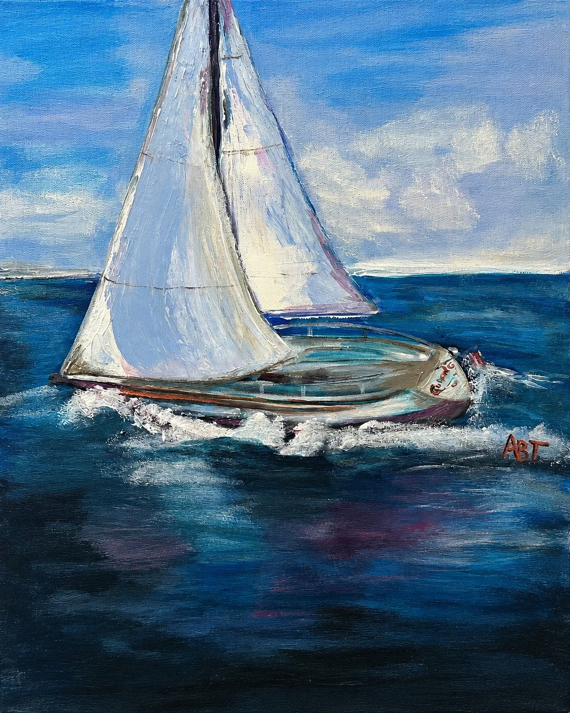 Full Sail
A sloop heels into the wind, white sails bright against a deep blue sea.
Private Collection