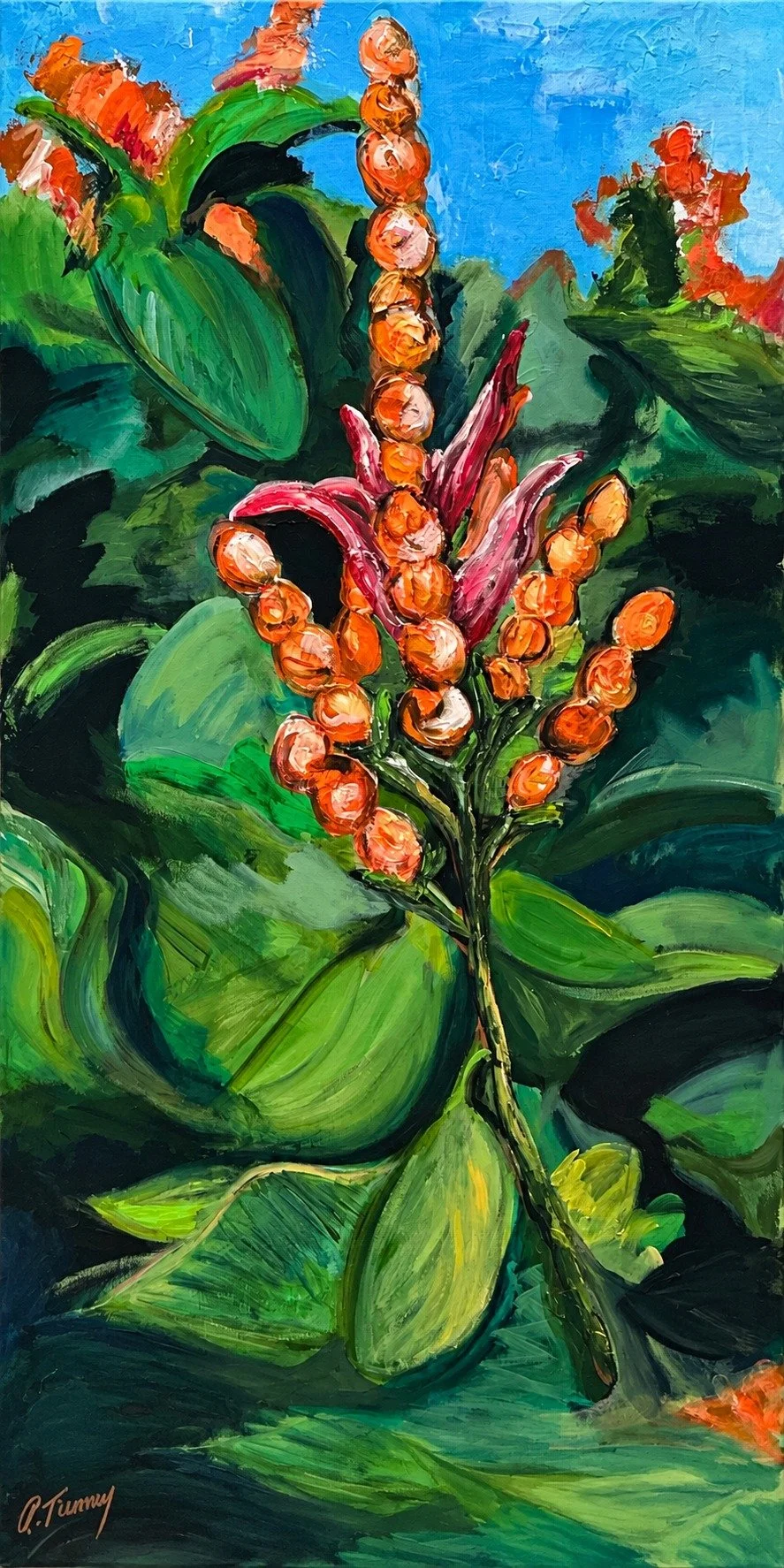 Tropical Bloom
Coral blossoms climb skyward from a sea of lush, sweeping leaves.
Available