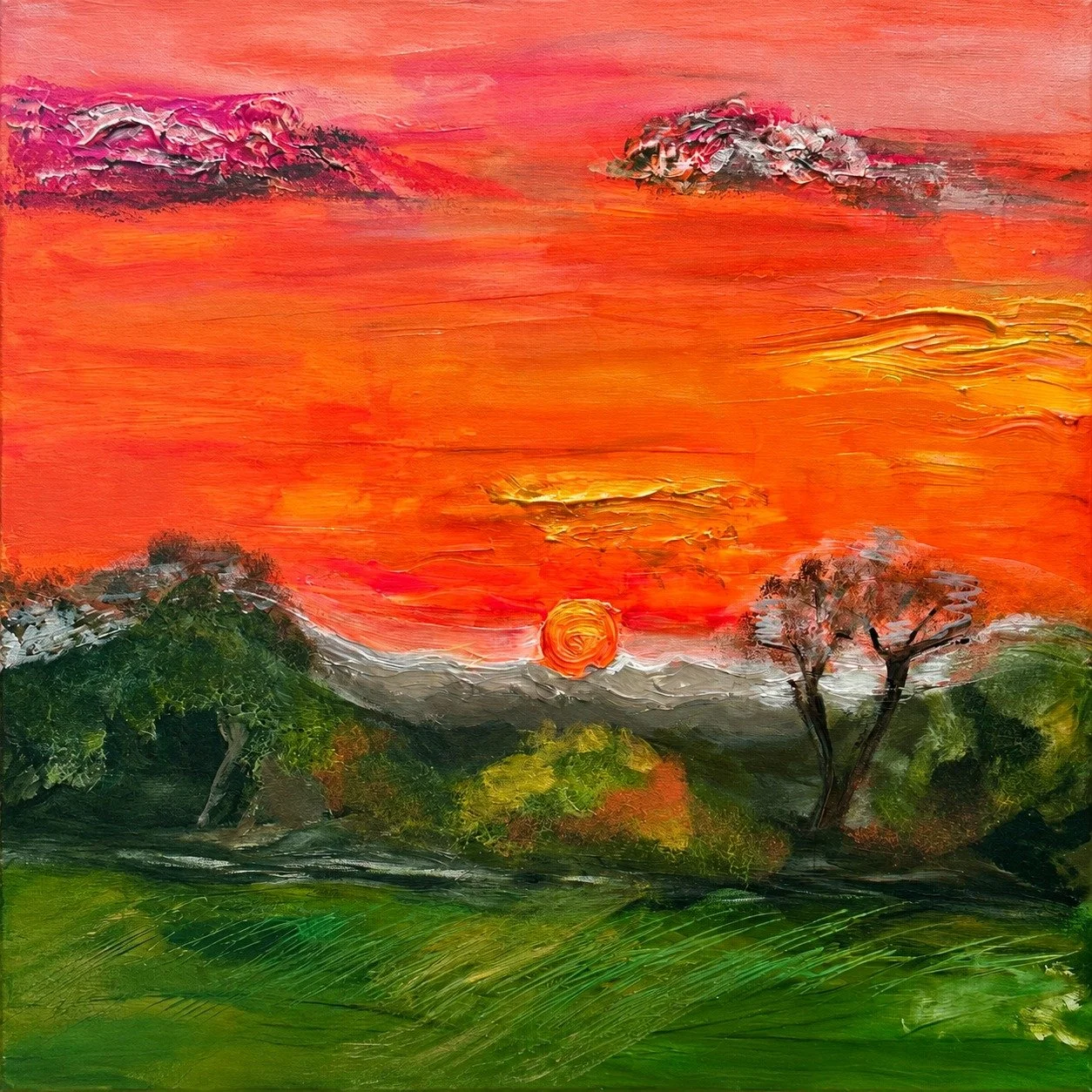 Hill Country Sunset
A blazing orange sky settles over rolling hills and live oaks at the close of day.
Private Collection