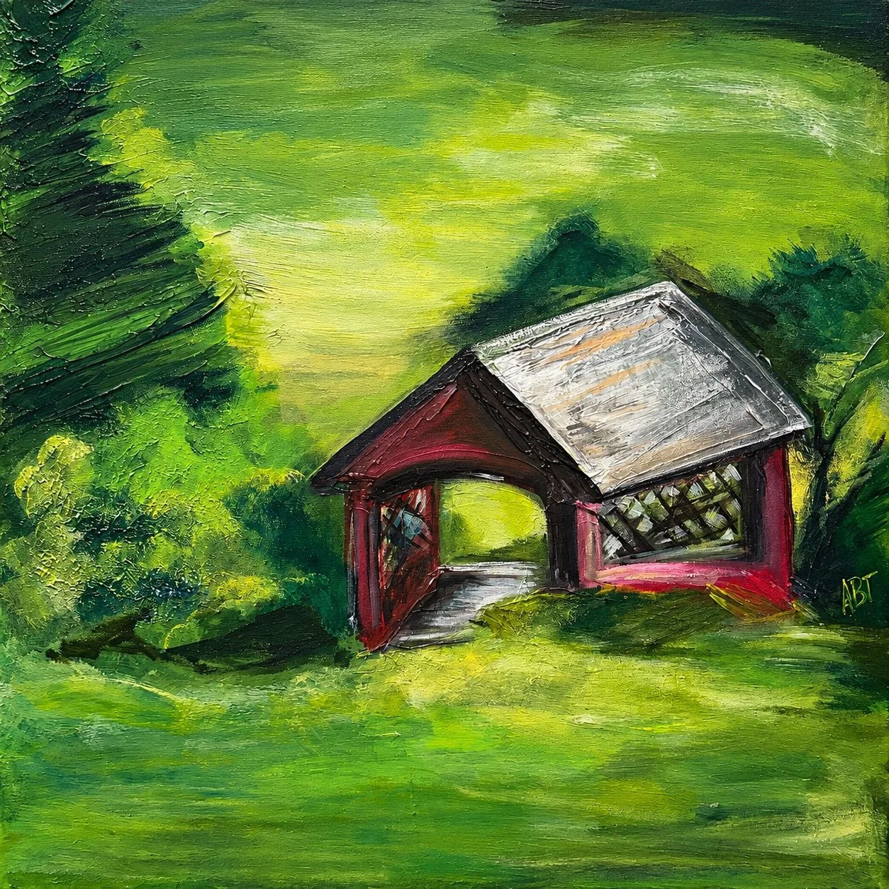 The Red Covered Bridge
A red covered bridge tucked into a glade of sunlit greens.
Private Collection
