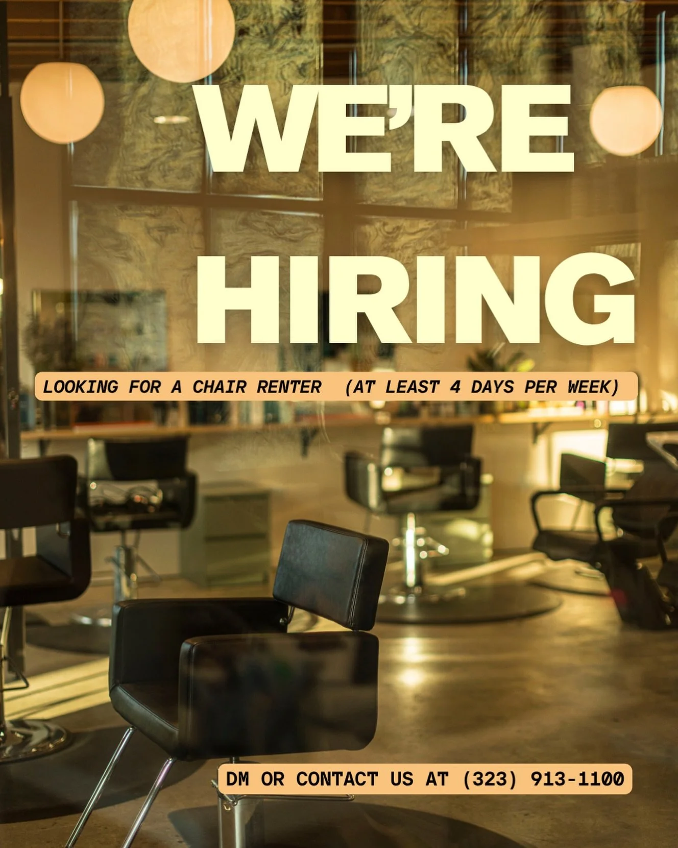 WE&rsquo;RE HIRING ✨✨✨
 
Los Angeles-based salon looking for an experienced stylist to rent a chair minimum 4 days a week!! 

THE PERFECT FIT:
* Experienced 
* Creative
* Motivated
* Reliable
* Collaborative

ABOUT US:
* Great location on the banks o