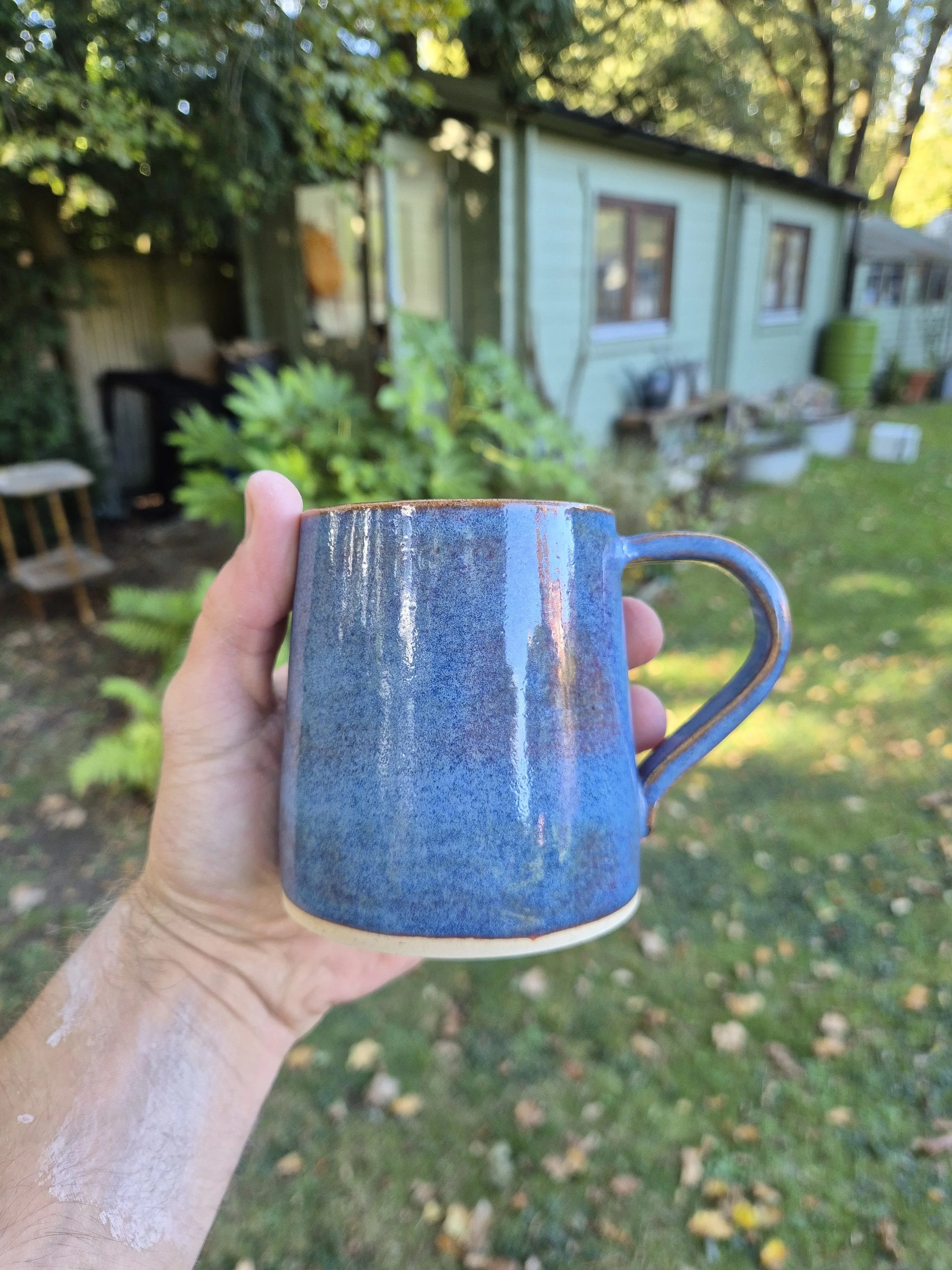 Hand holding a blue ceramic mug outdoors in a garden with a green house in the background.