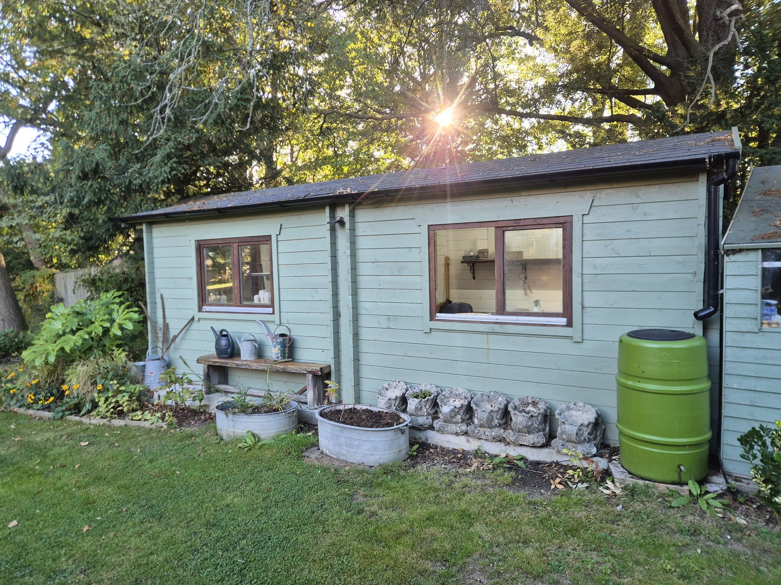 A light green shed with a black roof in a backyard, surrounded by greenery and trees. The sun is shining through the trees. There are some gardening tools and planters outside, along with a large green barrel. shed is a ceramic studio