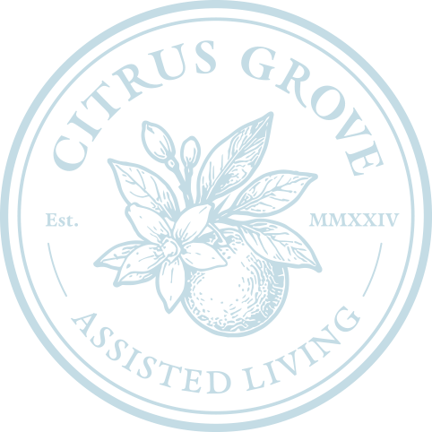 Logo for Citrus Grove, featuring a stylized orange fruit with leaves, and text 'Citrus Grove,' 'Established 2014,' and 'Assisted Living.'