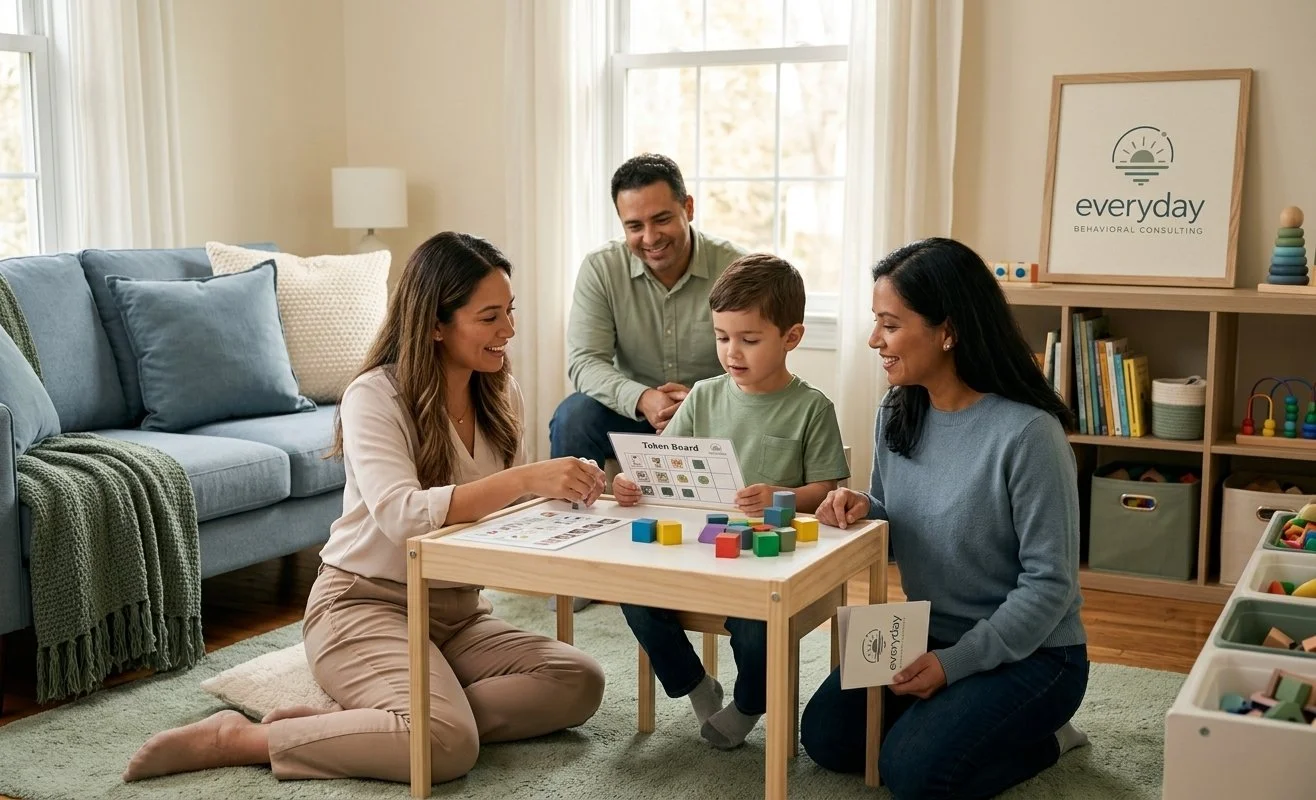 A family working on using a PECS board and motivators at a table for a non-verbal child
