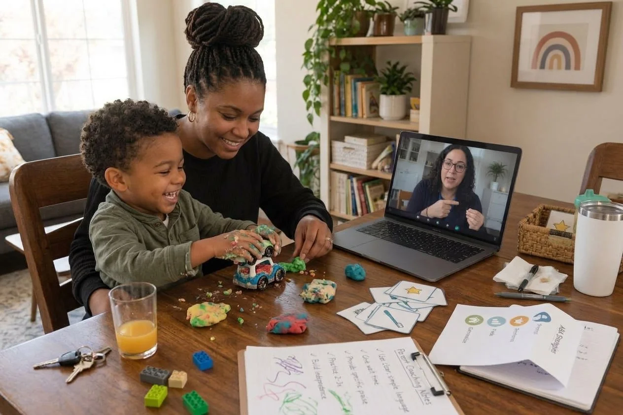A woman and a young boy playing with colorful toy cars and slime at a dining table while participating in a virtual meeting  with a BCBA on a laptop. The table has papers, lego pieces, a glass of orange juice, and a tumbler.