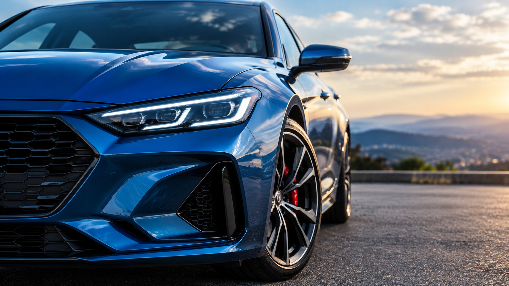 Close-up of a sleek blue sports car parked on a road during sunset, with mountains and a partly cloudy sky in the background.